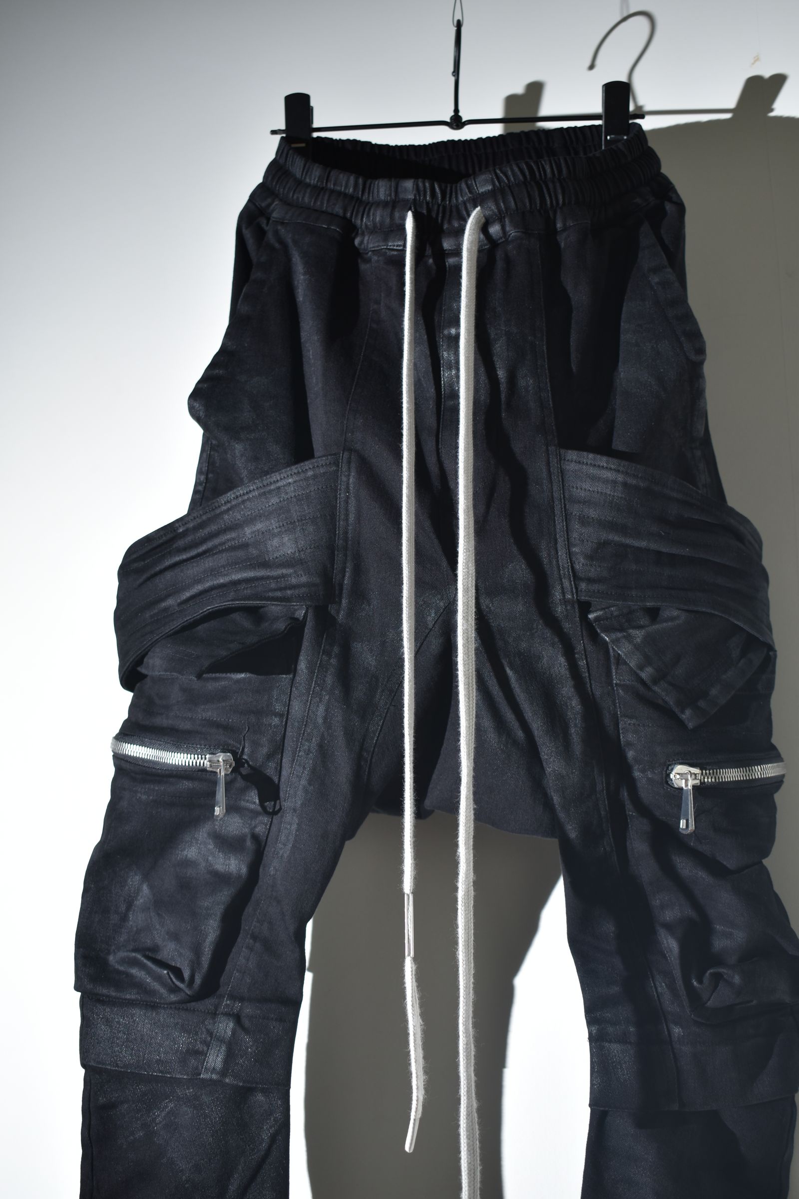 Strtch Denim Coatiing Cargo Sarouel Skinny"Black" / ストレッチデニムコーティングカーゴサルエルスキニー"ブラック"
