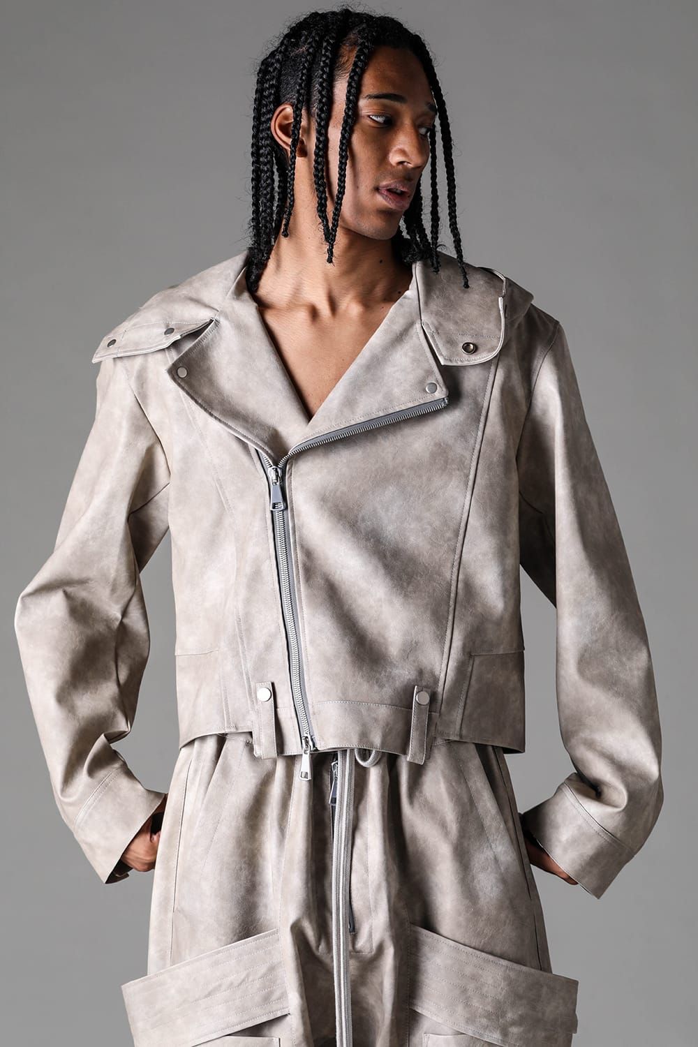 《2027SS先行予約》Vegan Leather Hoodei Double Riders "L.Beige" / ヴィーガンレザーフーディダブルライダース"ライトベージュ"