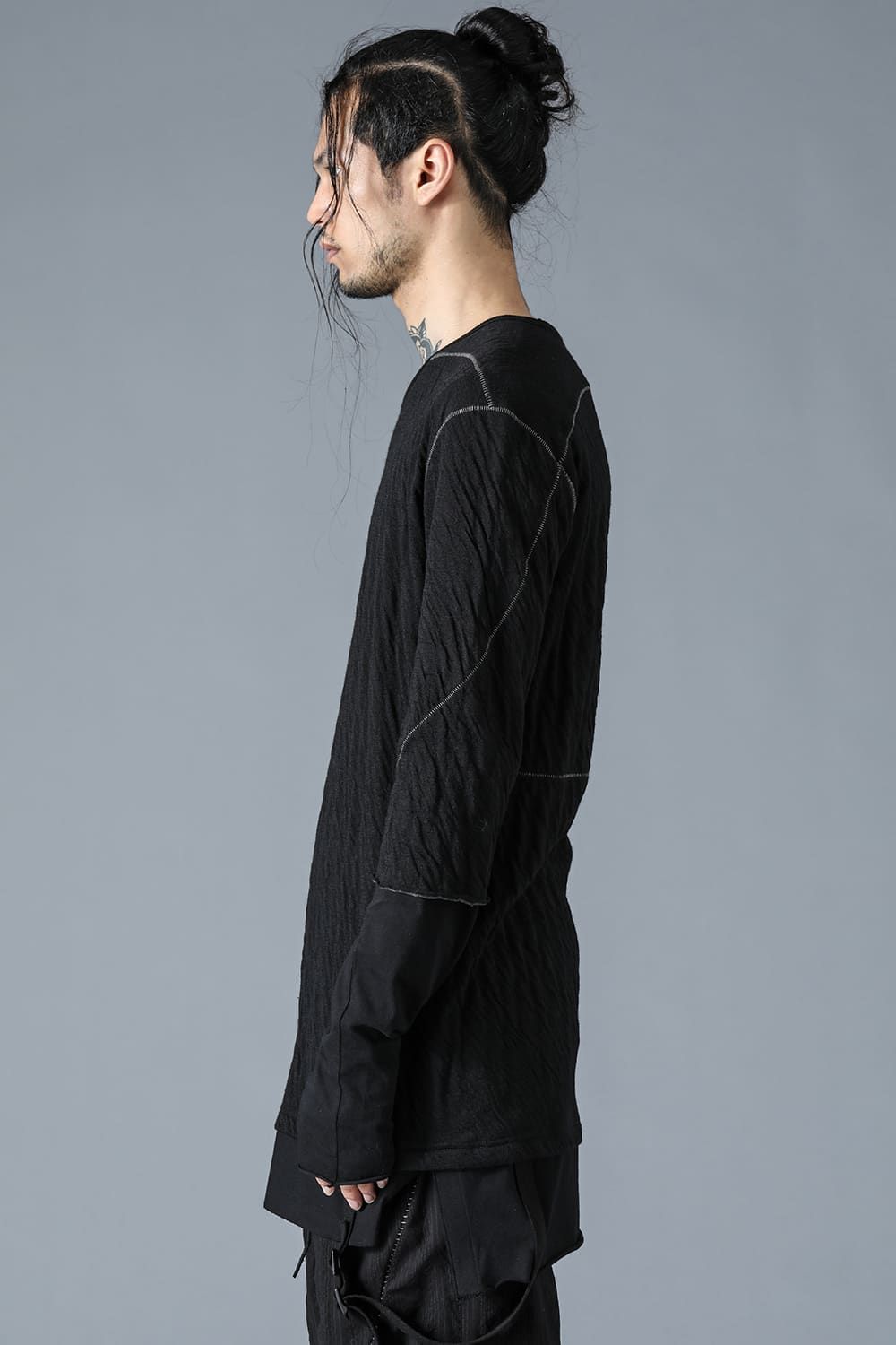 Wool×Cotton Double Face Layered Globe Sleeve Tee"Black/"ウール×コットンダブルフェイスレイヤードグローブスリーブTシャツ"ブラック"