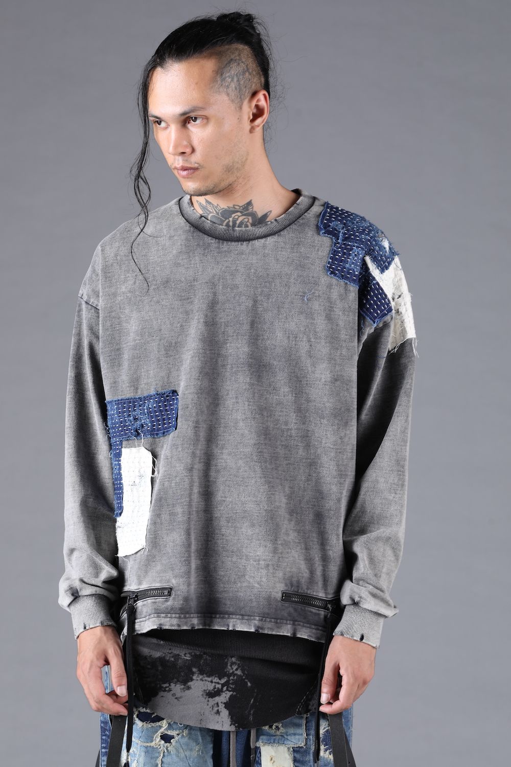 Damage Patch Open High Gauge Long Sleeve Tee"Charcoal" ダメージパッチジップオープンハイゲージロングスリーブTシャツ"チャコール"