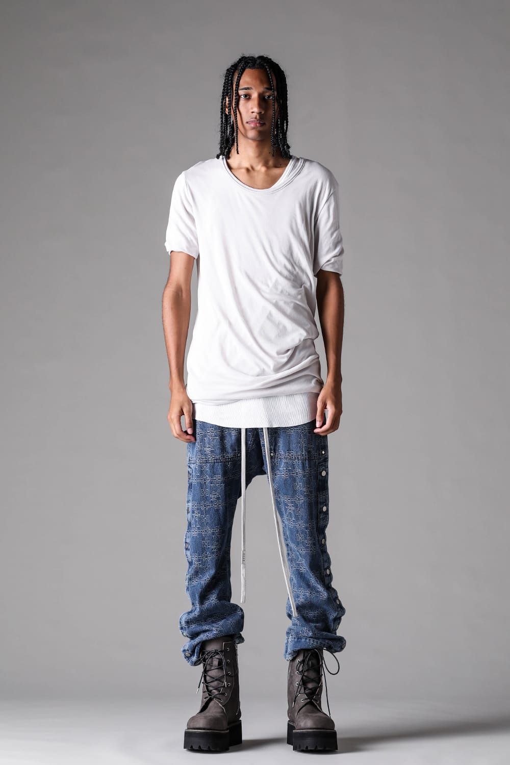 《2027SS先行予約》Jacgurd Denim Sarrouel Flare Pants "Black / Blue" / ジャガードデニムサルエルフレアパンツ"ブラック/ブルー"