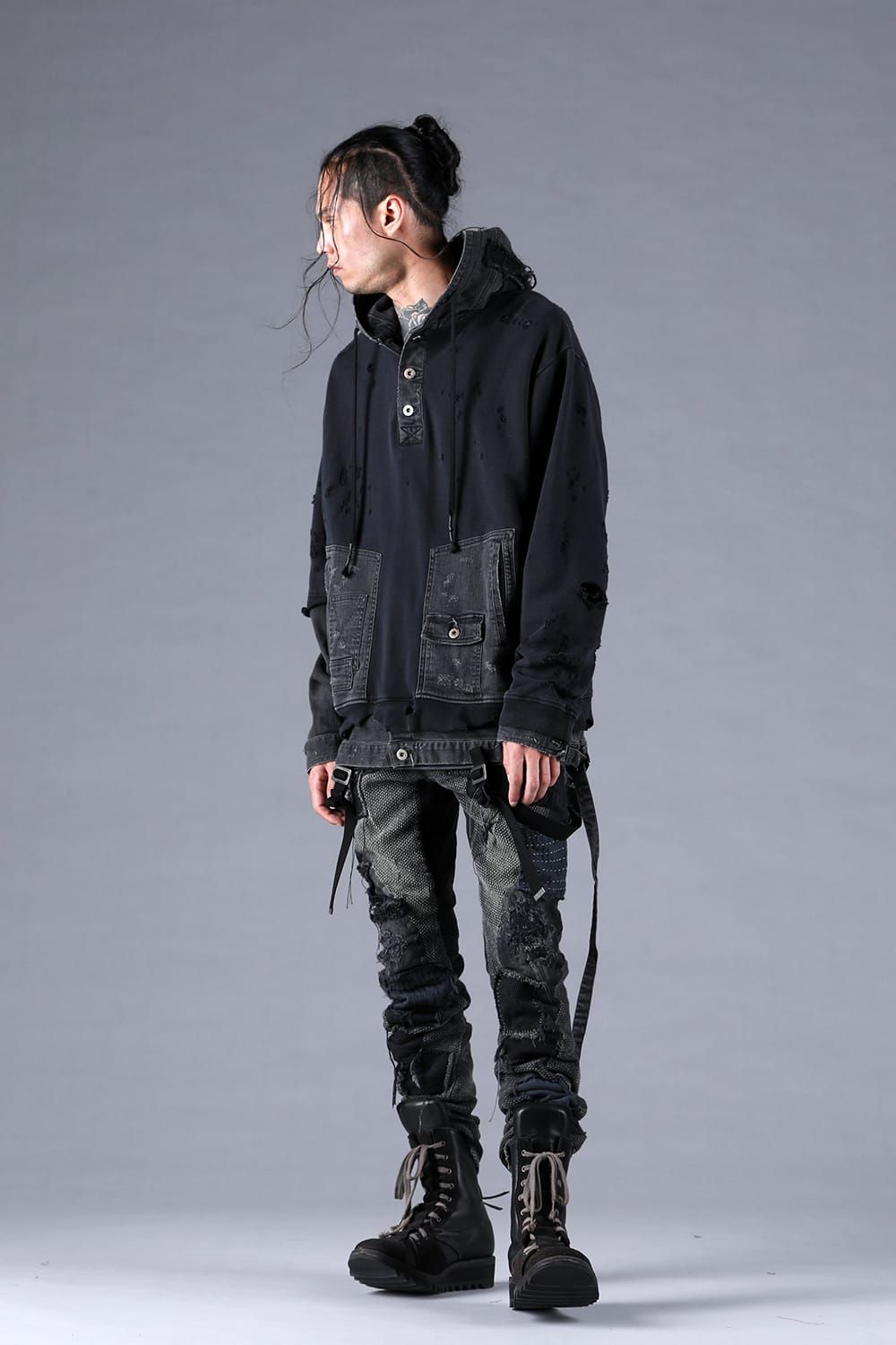 Denim Combination Non-Twisted Yarn Lined Oversized Pullover Hoodie"Black" / デニムコンビネーション無撚糸裏毛オーバーサイズプルオーバーフーディー"ブラック"
