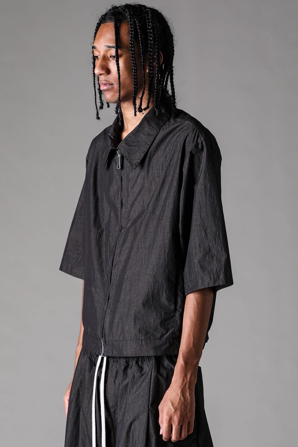 《2027SS先行予約》Cotton Nylon Zip Half Sleeve Shirts"Black" / コットンナイロンジップハーフスリーブシャツブラック"