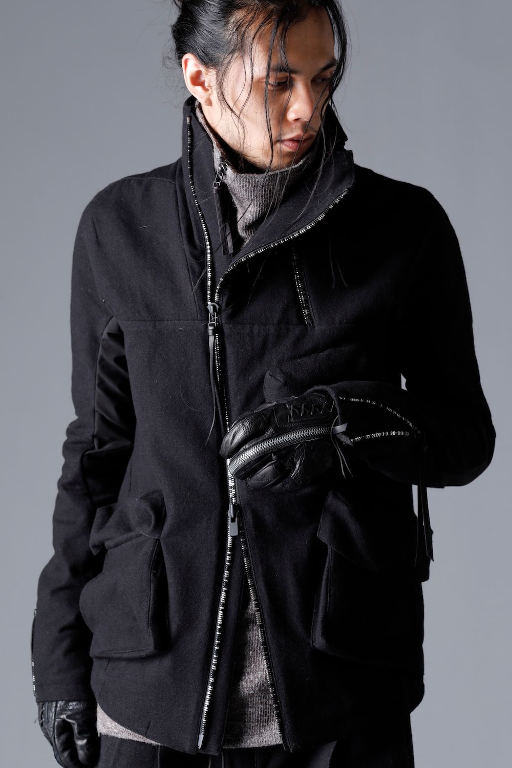 Wool Gauze × Cotton Needle Punch High Neck Jacket"Black"/ウールガーゼ×コットンニードルパンチハイネックジャケット"ブラック"