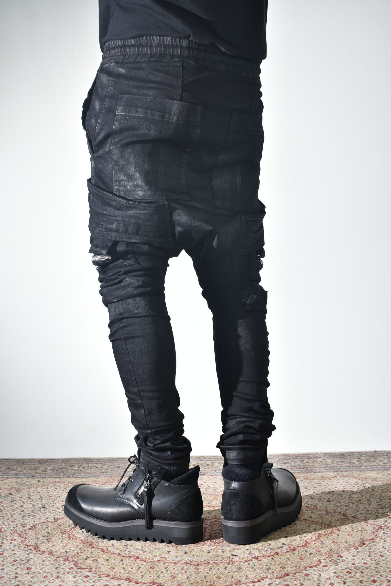 Strtch Denim Coatiing Cargo Sarouel Skinny"Black" / ストレッチデニムコーティングカーゴサルエルスキニー"ブラック"