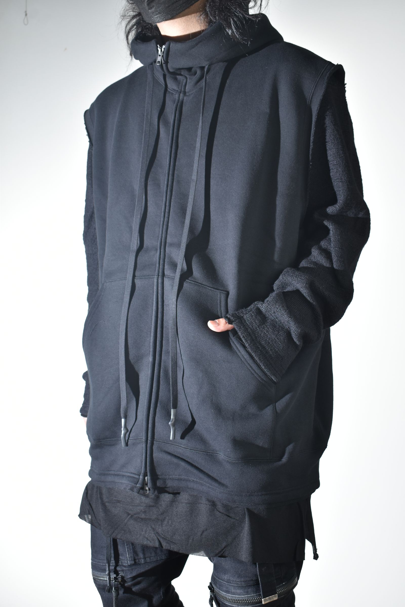 Over Size Sleeve Less Zip Up Parker"Black" / オーバーサイズスリーブレスジップアップパーカー"ブラック"