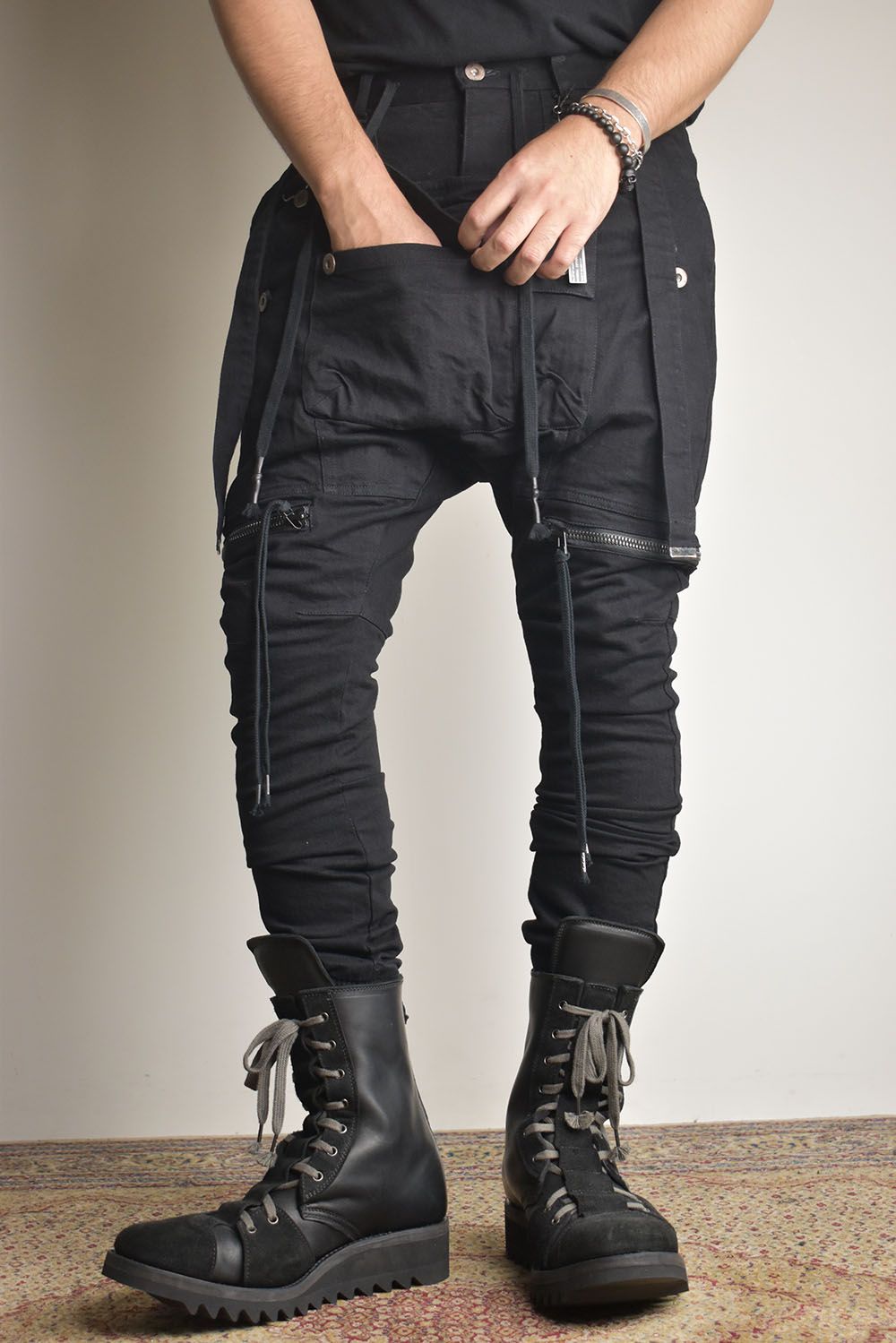 Stretch Denim Salopette Pocket Cargo Jogger Pants "Black" / ストレッチデニムサロペットポケットカーゴジョグパンツ"ブラック"