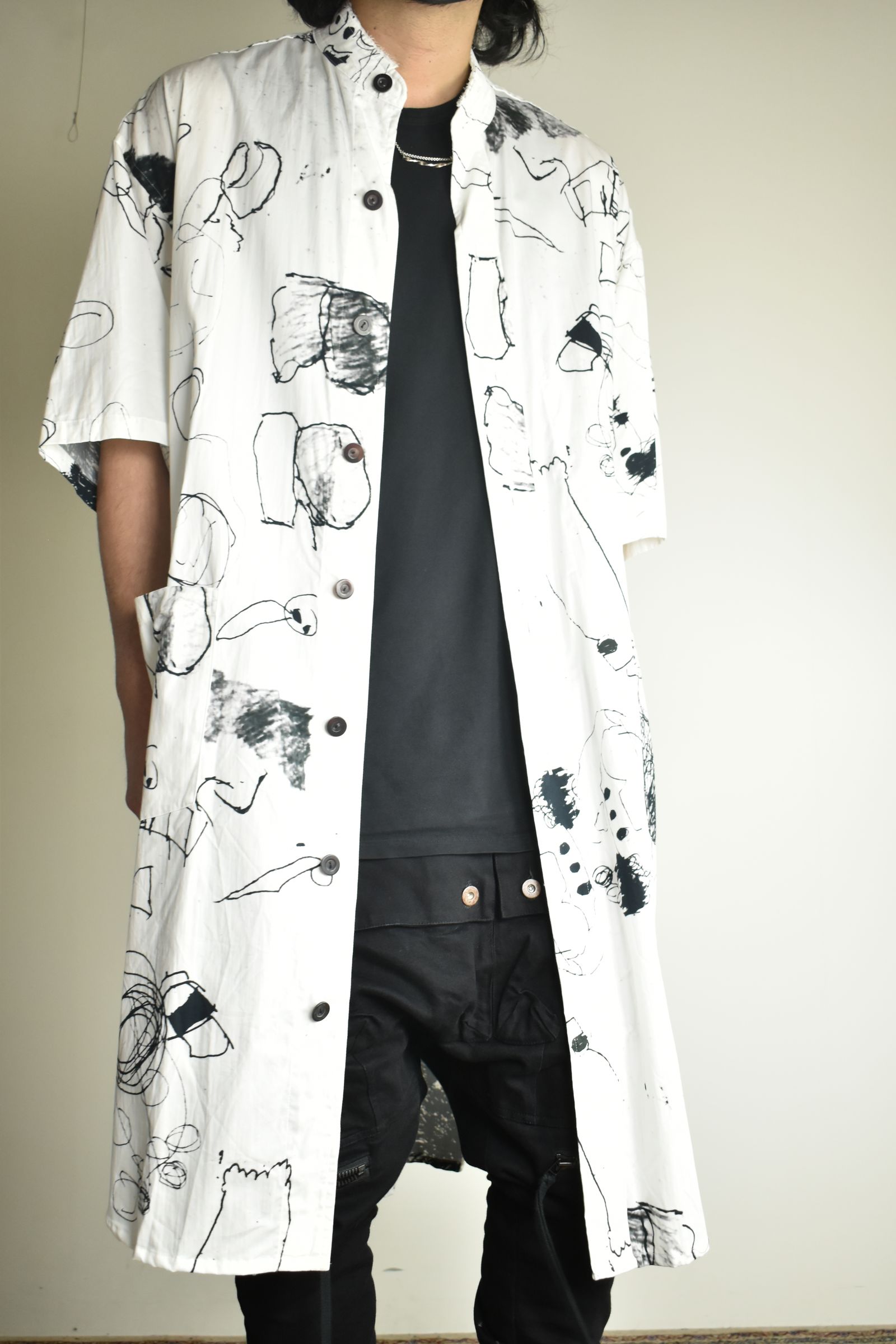 Cotton Twill Ink Jet Short-Sleeved Big Shirt&Dress"White Black" / コットンツイルインクジェット半袖ビッグシャツ / ワンピース"ホワイト ブラック"