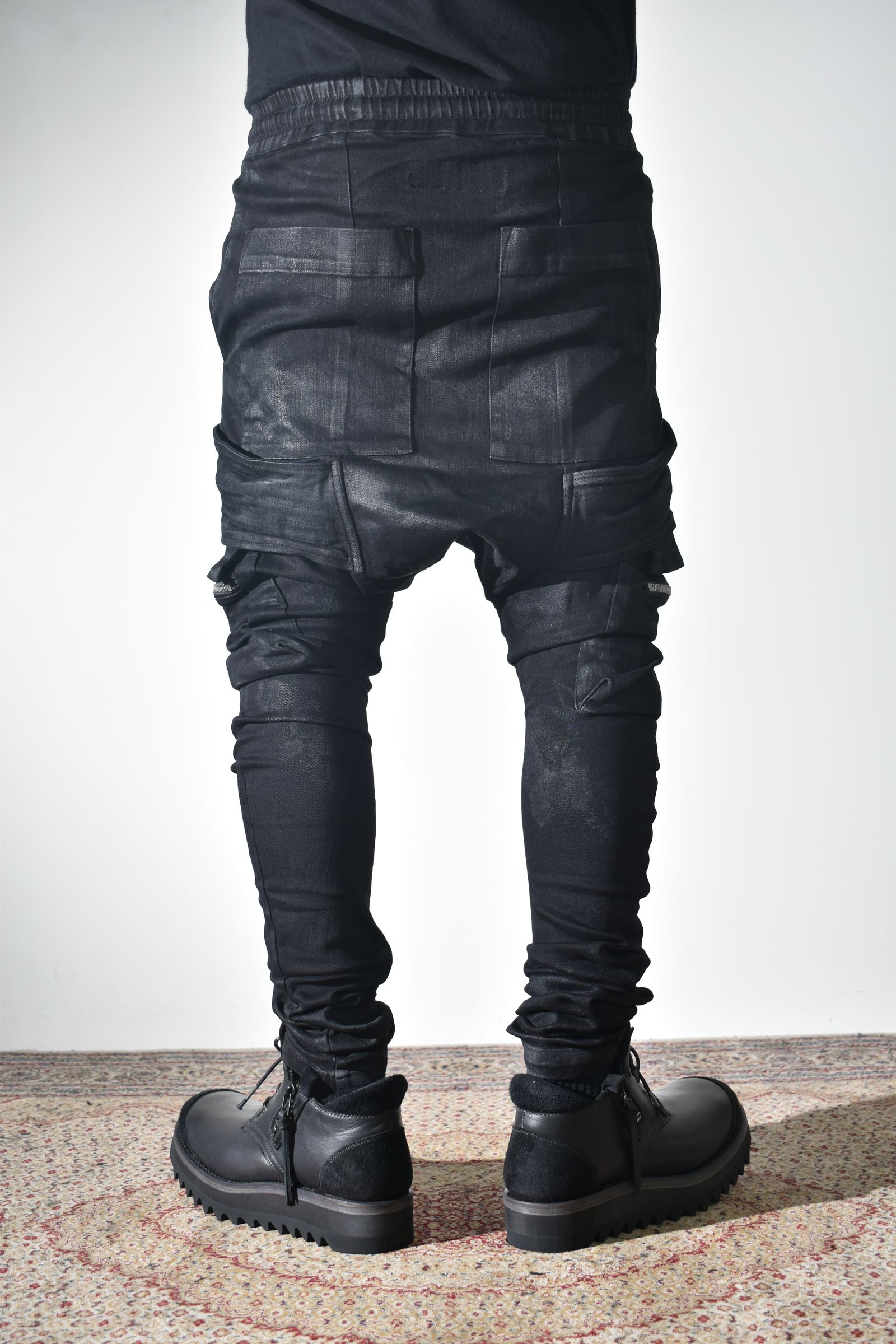 Strtch Denim Coatiing Cargo Sarouel Skinny"Black" / ストレッチデニムコーティングカーゴサルエルスキニー"ブラック"