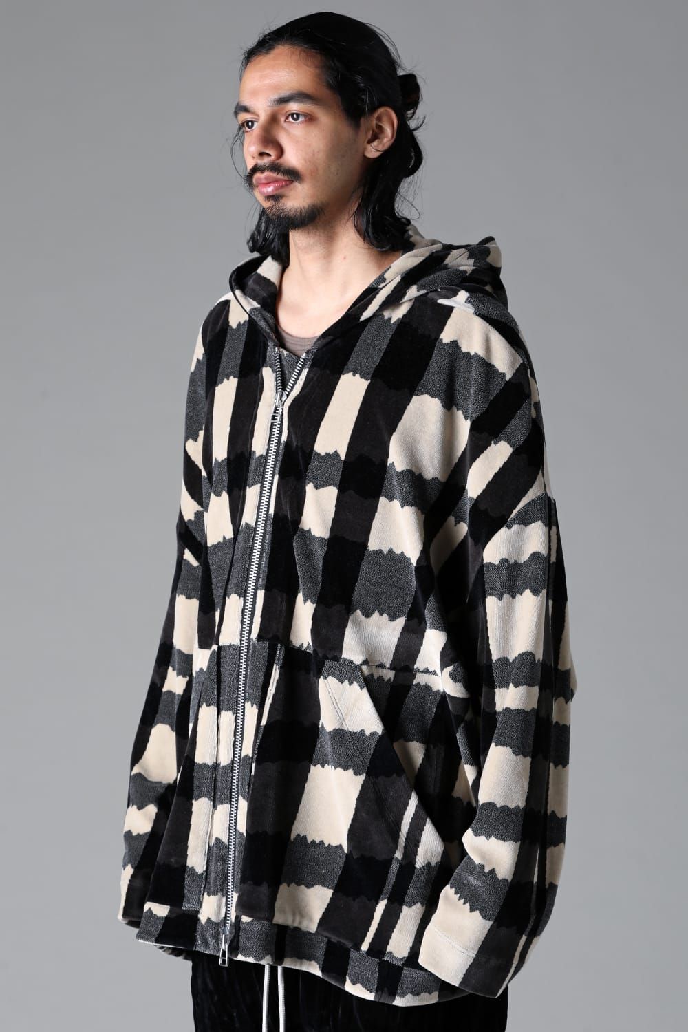 《2025AW先行予約》Checked Pattern Dolman Hooded Zip"Black×Grey×Ivory" / チェックパターンドルマンフーデッドジップ"ブラック×グレー×アイボリー"