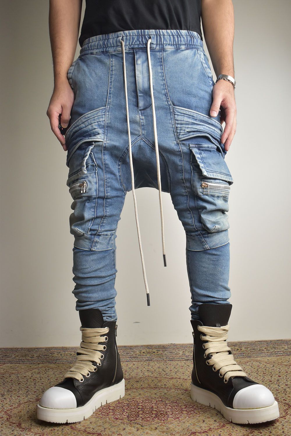 Denim Cargo Sarouel Skinny"Damage Black/Indigo Blue"/デニムカーゴサルエルスキニー"ダメージブラック/インディゴブルー"