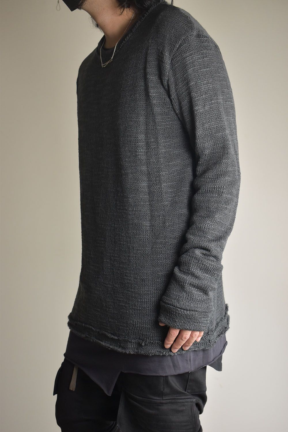 Low-Gauge knit × Cotton Jersey Layered Tee "Charcoal" / ローゲージニット×コットンジャージレイヤードTシャツ"チャコール"