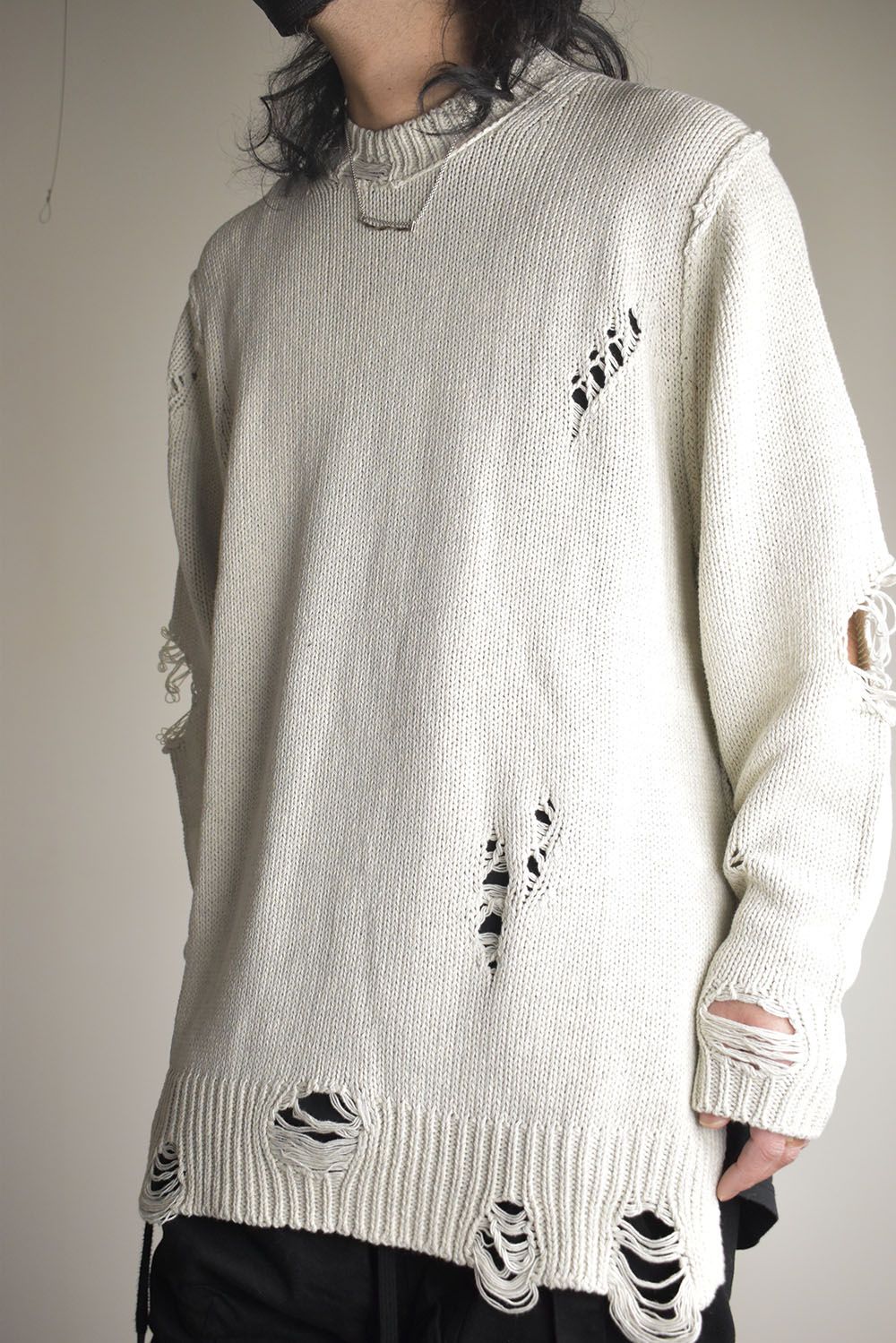Cotton 3GG Damaged Knit Pullover"Light Grey" / コットン 3GG ダメージニットプルオーバー"ライトグレー"