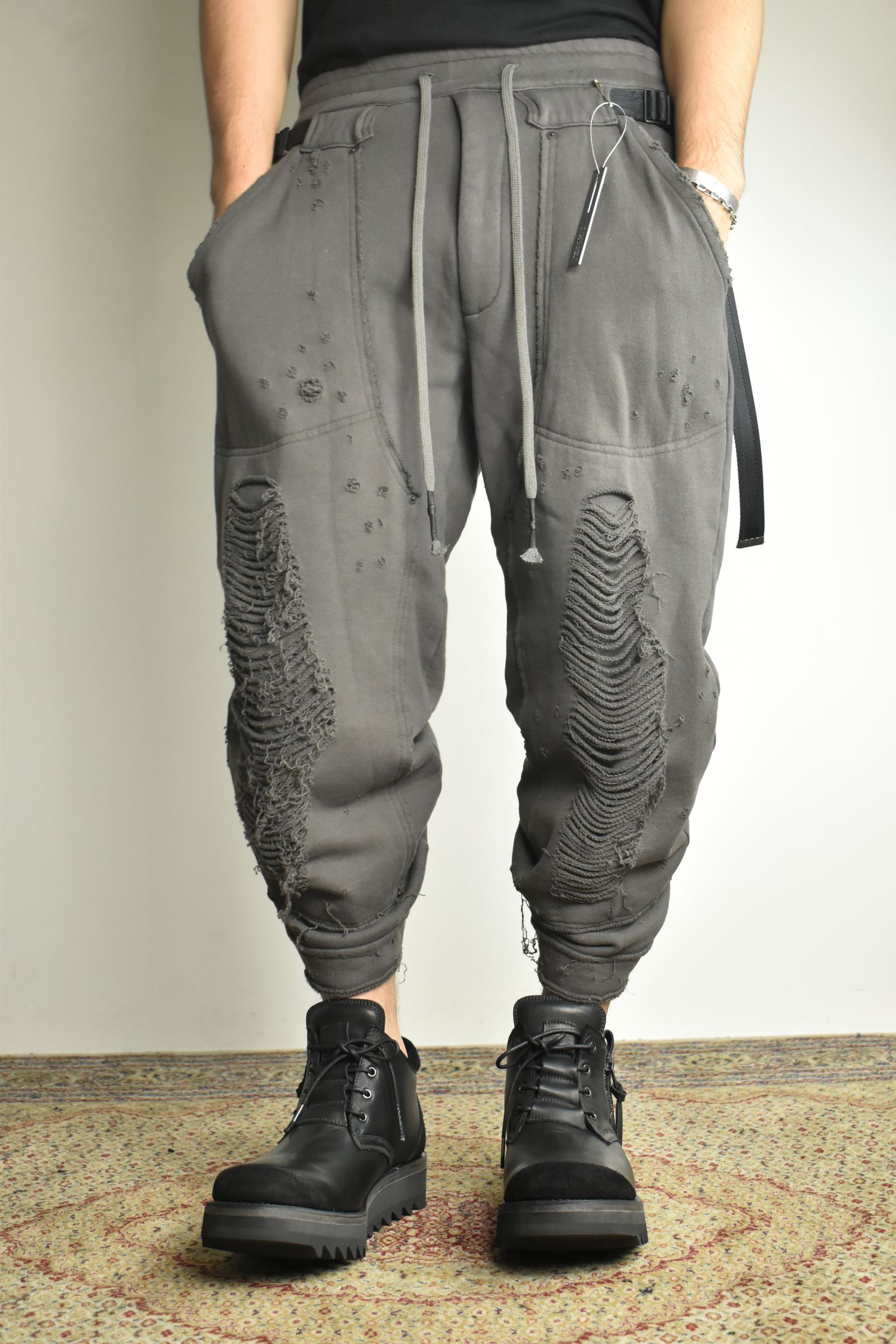 Untwisted Yarn Fleece Shotgun Wide Cropped Pants"Charcoal" / 無撚糸裏毛ショットガンワイドクロップドパンツ"チャコール"