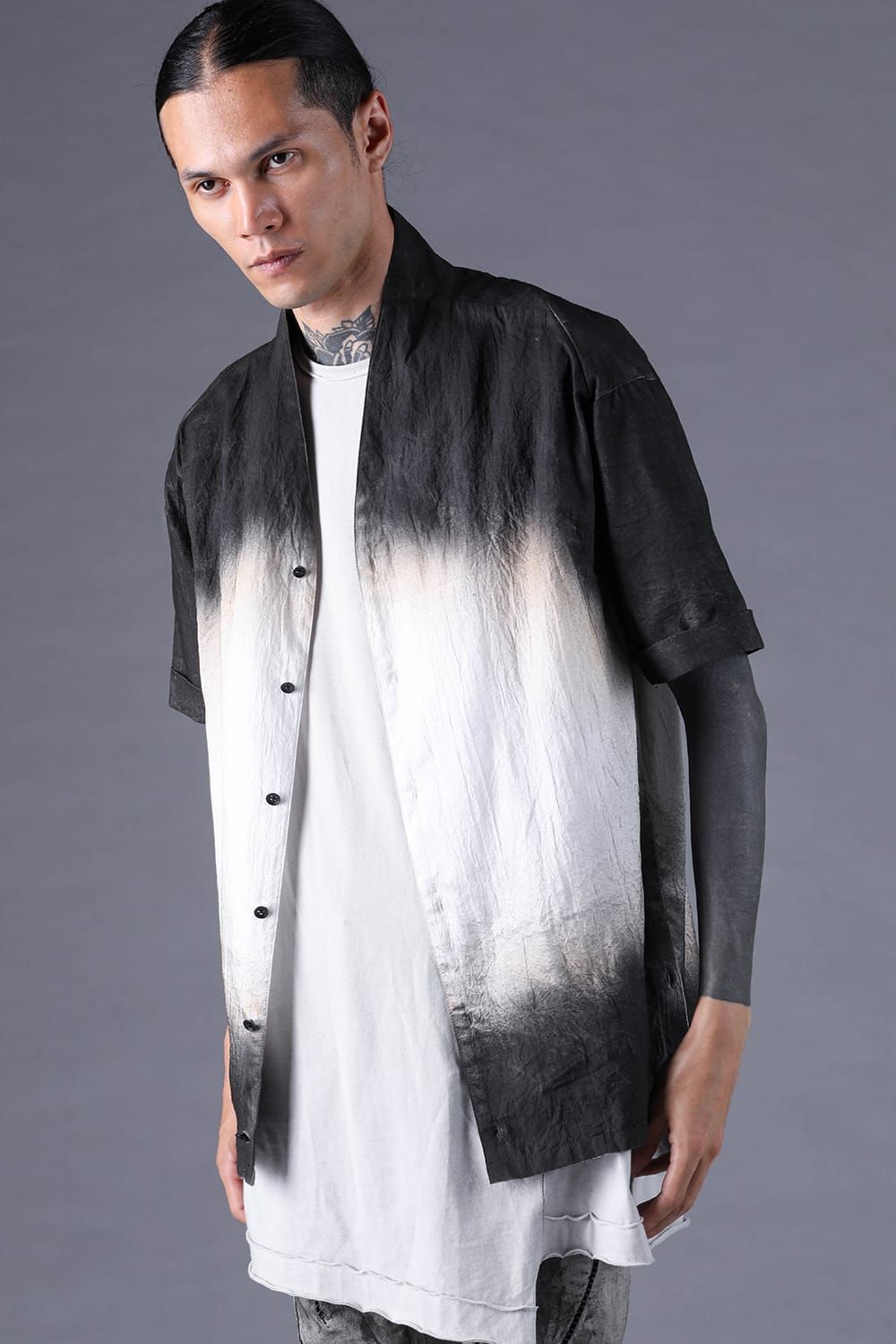 《2027SS先行予約分》Washer Loan Gradation Shawl-Collar S/S Shirt"Black" / ワッシャーローングラデーションショールカラーショートスリーブシャツ"ブラック"