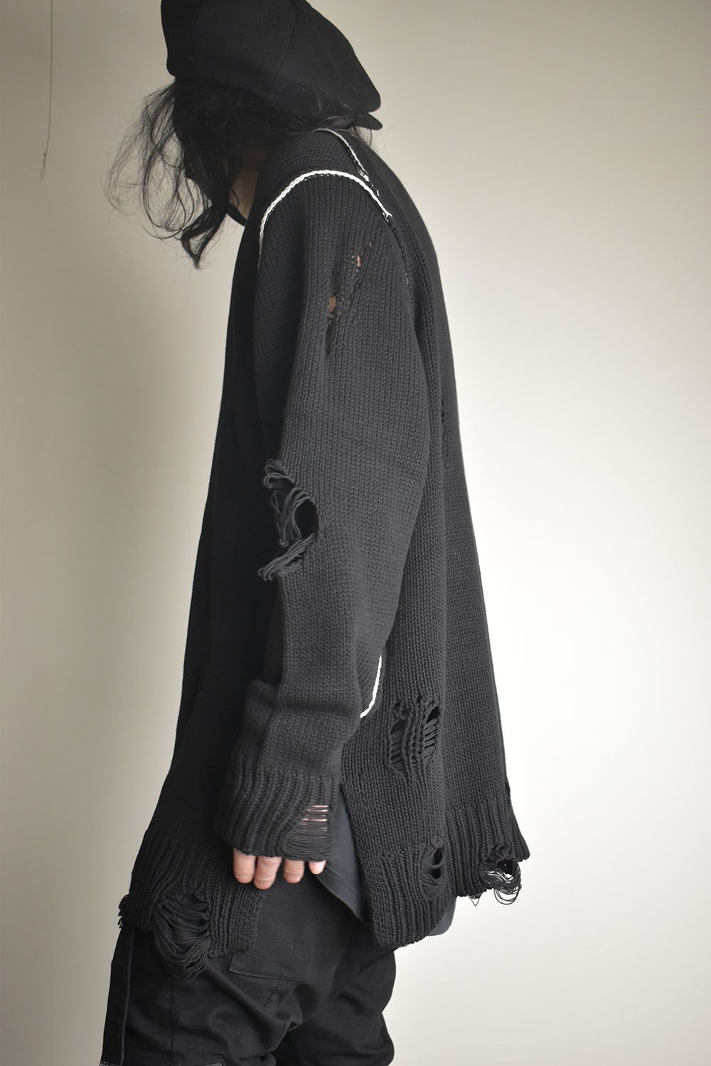 Cotton 3GG Damaged Knit Pullover"Black" / コットン 3GG ダメージニットプルオーバー"ブラック"