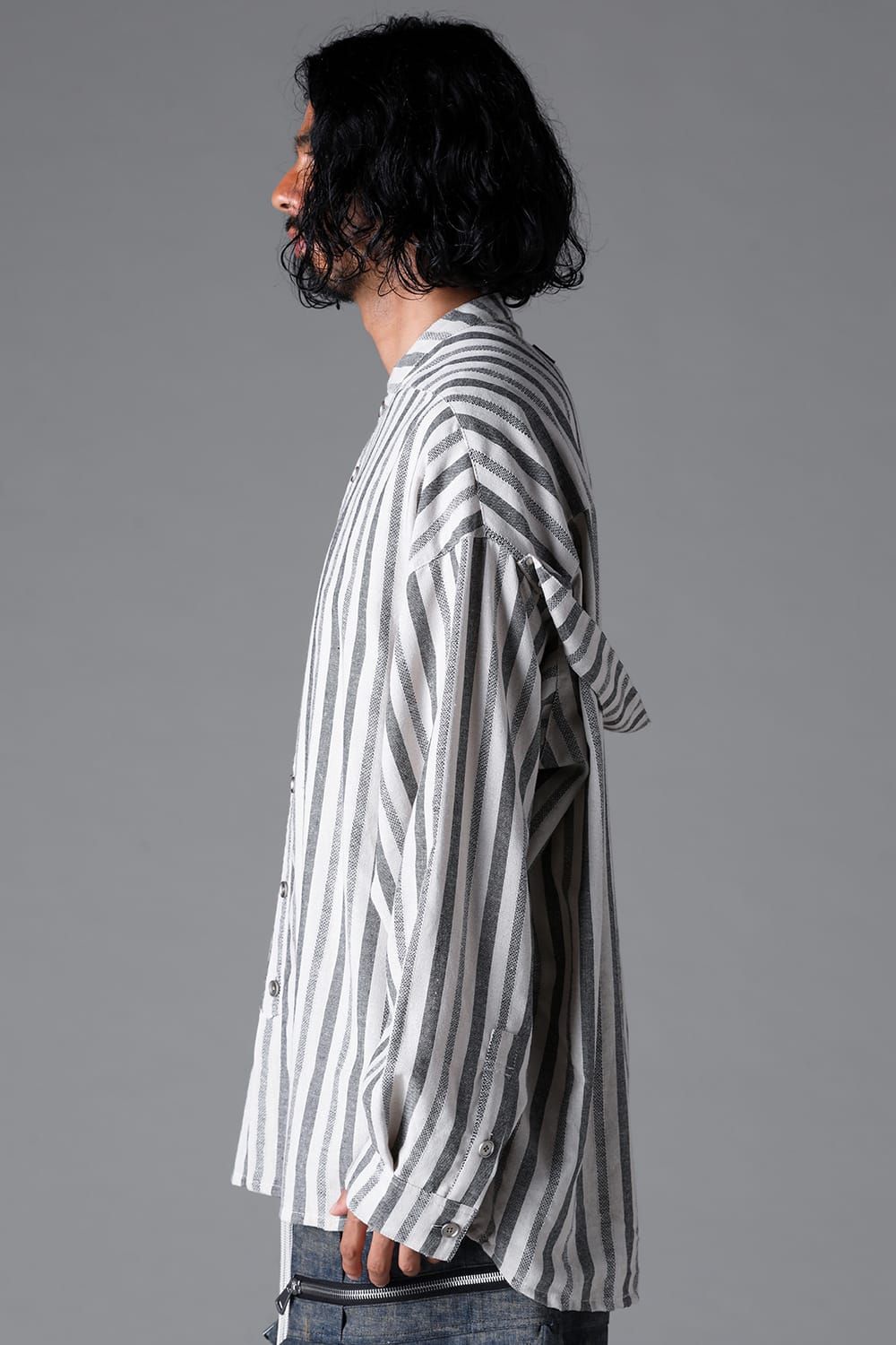 《2026SS先行予約》Vertical Stripes Stand Collar Shirts "Cream×L.Grey" / バーティカルストライプスタンドカラーシャツ"クリーム×グレー"