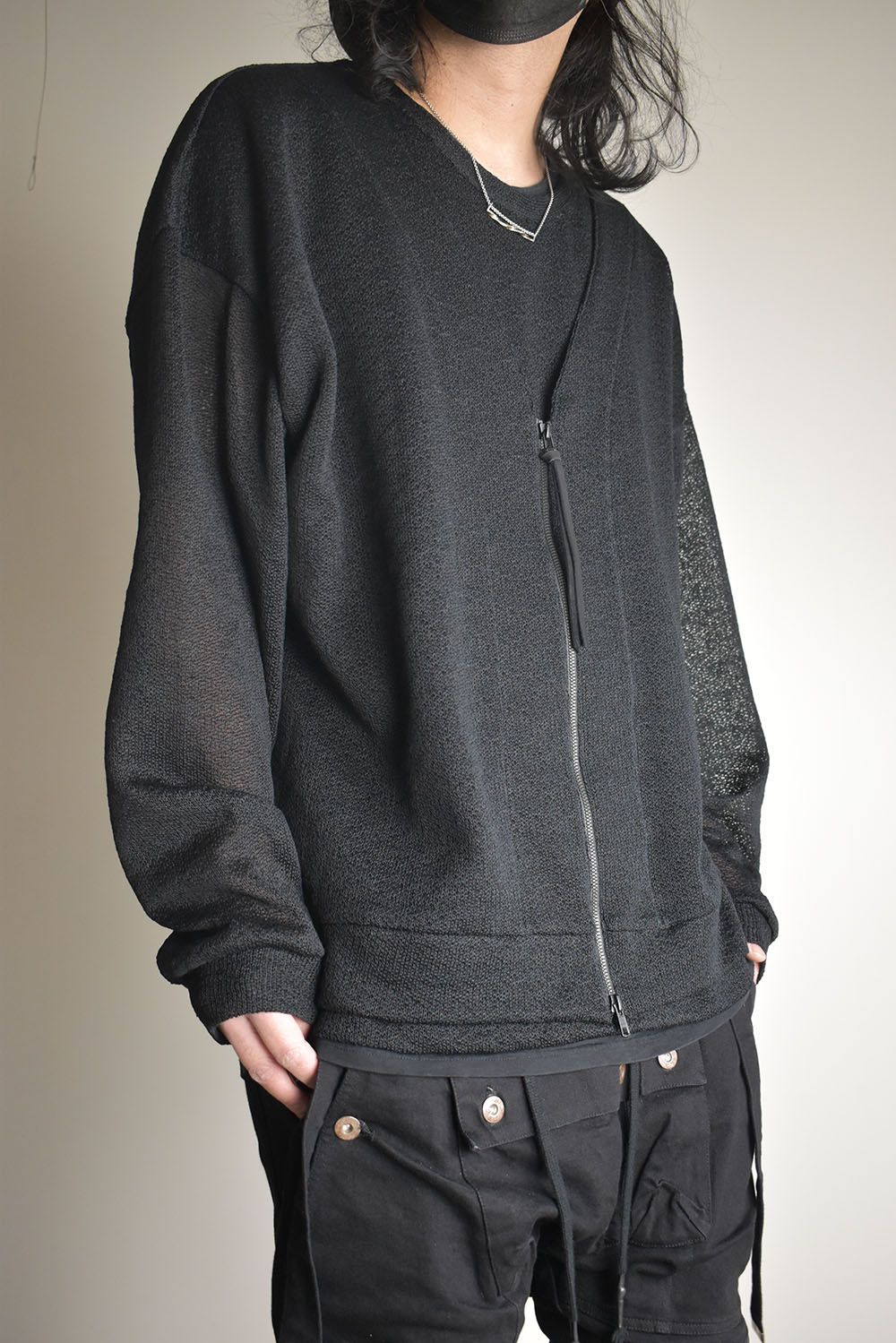 Cotton Low Gauge Knit Cardigan Layered Pullover"Black" / コットンローゲージニットカーディガンレイヤードプルオーバー"ブラック"