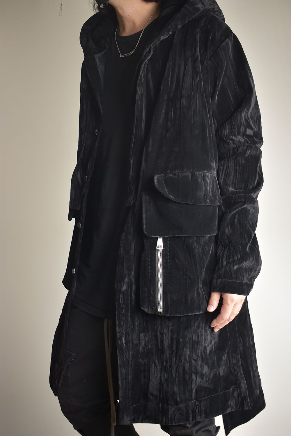 Washer Velour Hooded Long Jacket"Black" / ワッシャーベロアフーデッドロングジャケット"ブラック"