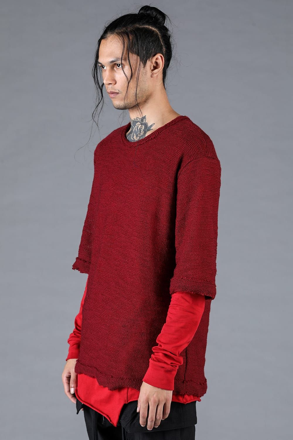 Low Gauge Knit and Cotton Jersey Layered T-Shirt "Red" / ローゲージニット×コットンジャージレイヤードTシャツ"レッド"