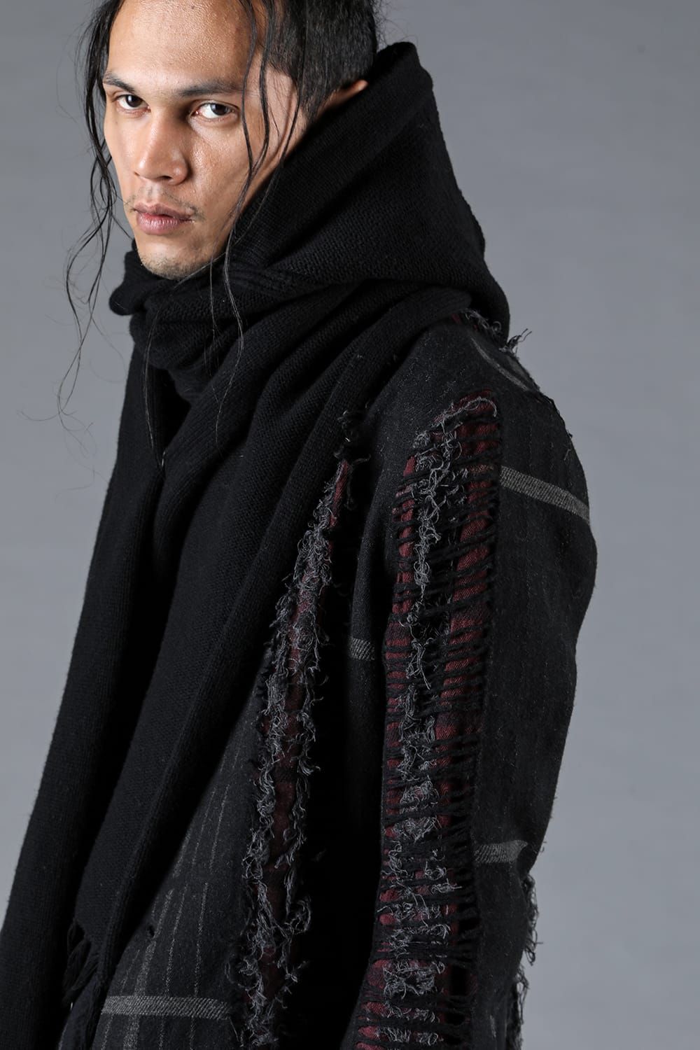 Merino Wool Knit Hooded Long Scarf “Black" / メリノウールニットフードロングマフラー"ブラック"