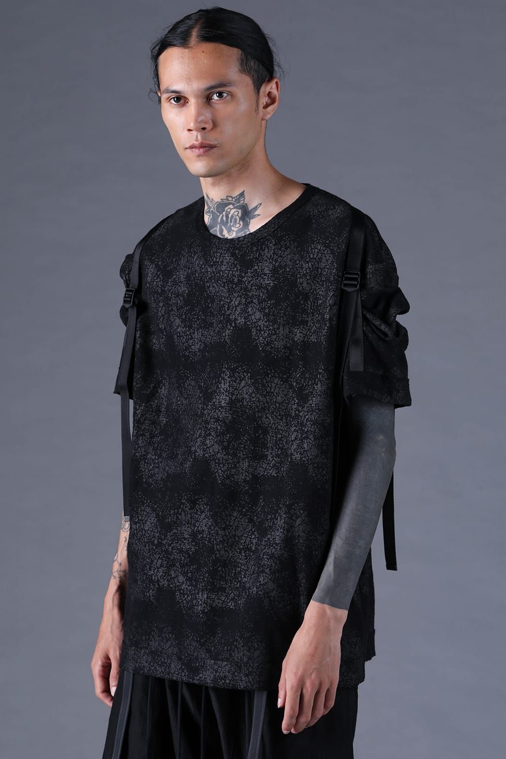 《2027SS先行予約分》Crack-Coated Jersey Belt-Adjustable S/S T-Shirt"Black" / クラックコーティングジャージーベルトアジャストショートスリーブTee"ブラック"