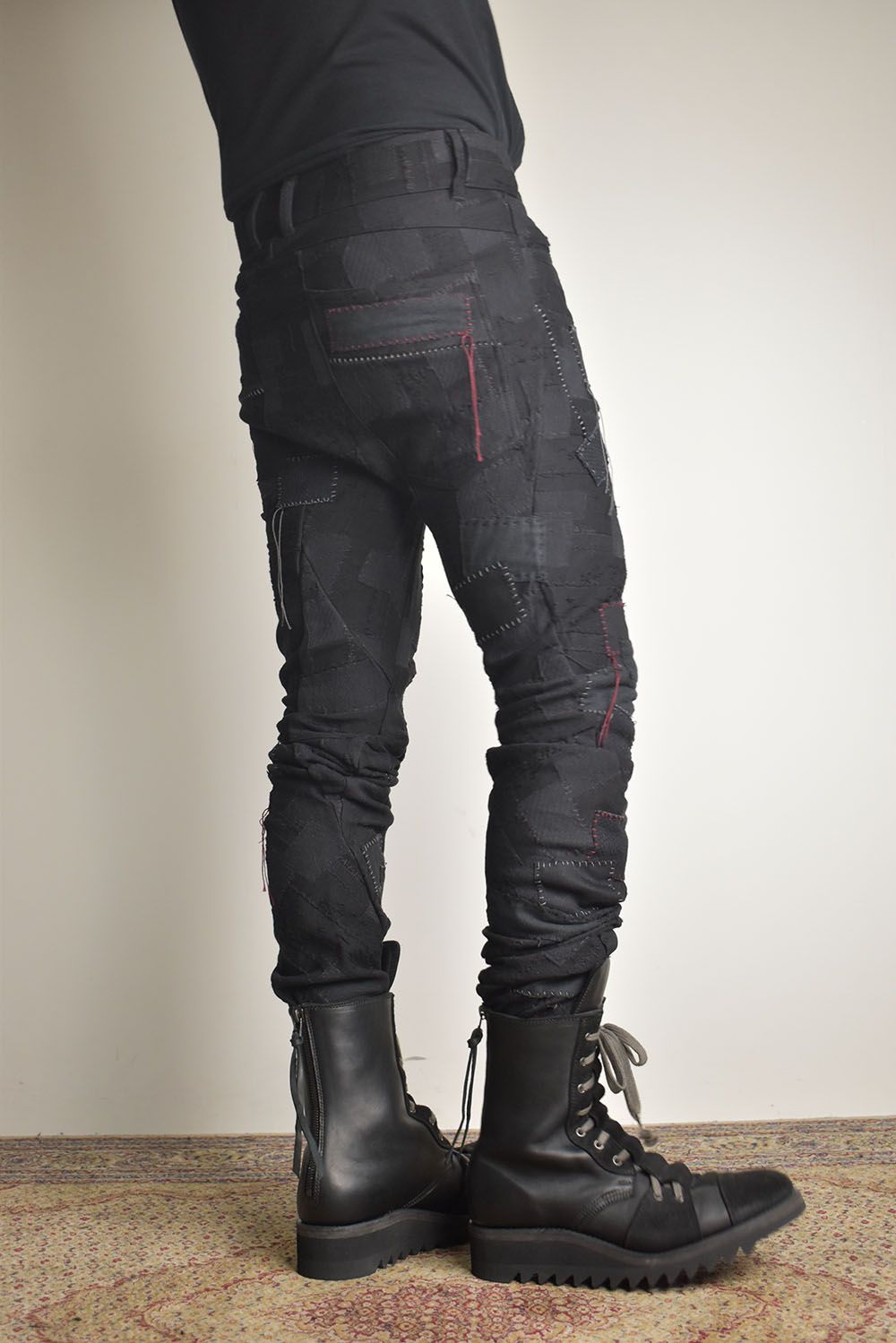 Hand Patchwork Crust Jacquard Overlock Twist Curve Pants "Black" / ハンドパッチワーククラストジャガードオーバーロックツイストカーブパンツ"ブラック"