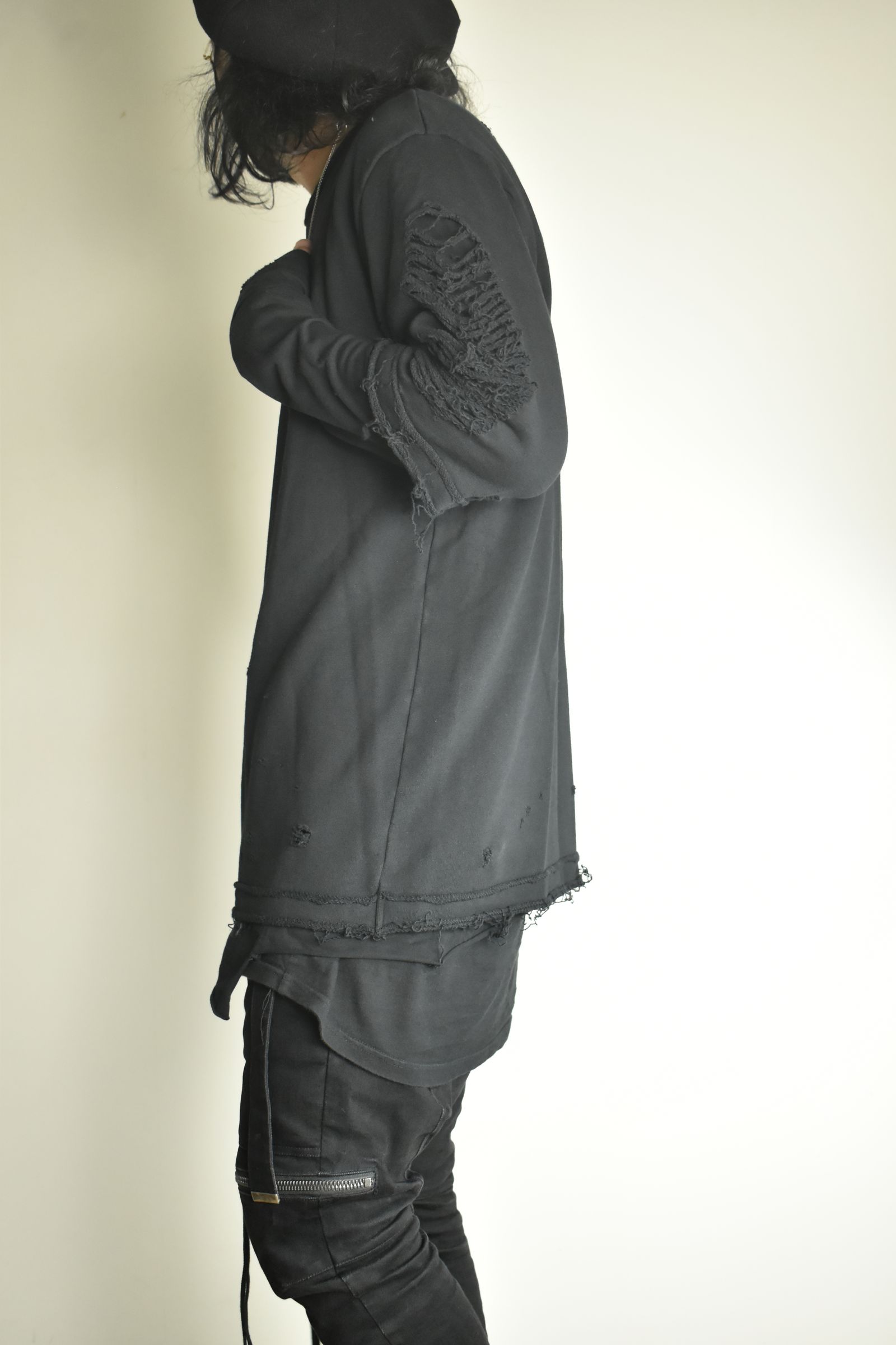 Sweat Shotgun Damage Layered Tee"Black" / 裏毛ショットガンダメージレイヤードTee"ブラック"
