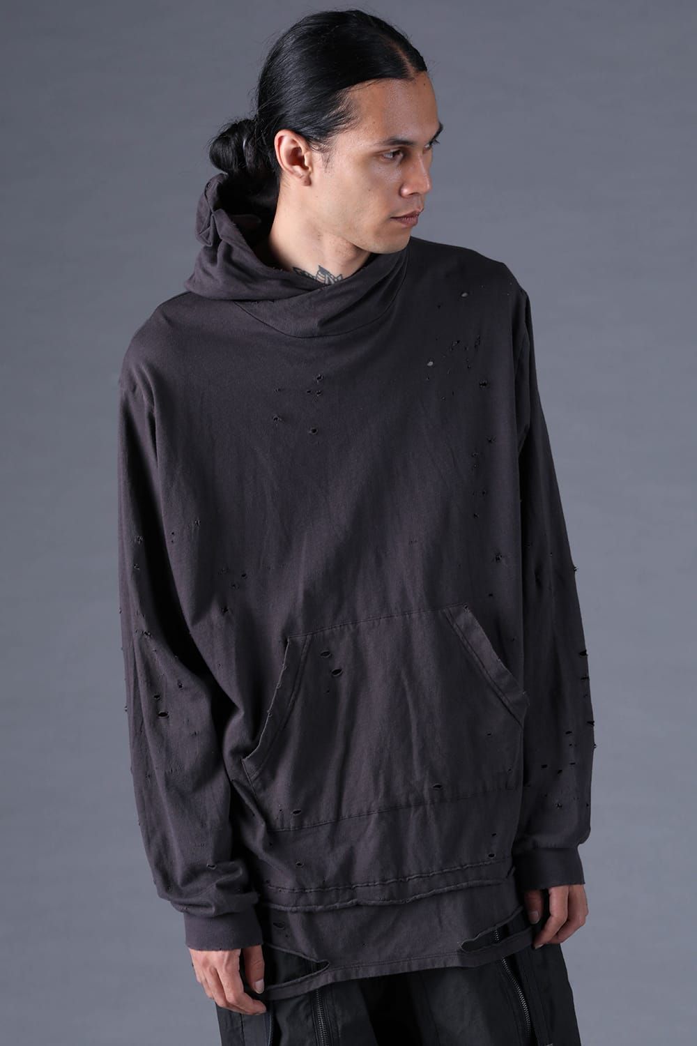 《2027SS先行予約分》Soft Cotton Jersey Shotgun-Damage Hoodie"Charcoal" / ソフトコットンジャージショットガンダメージフーディー"チャコール"