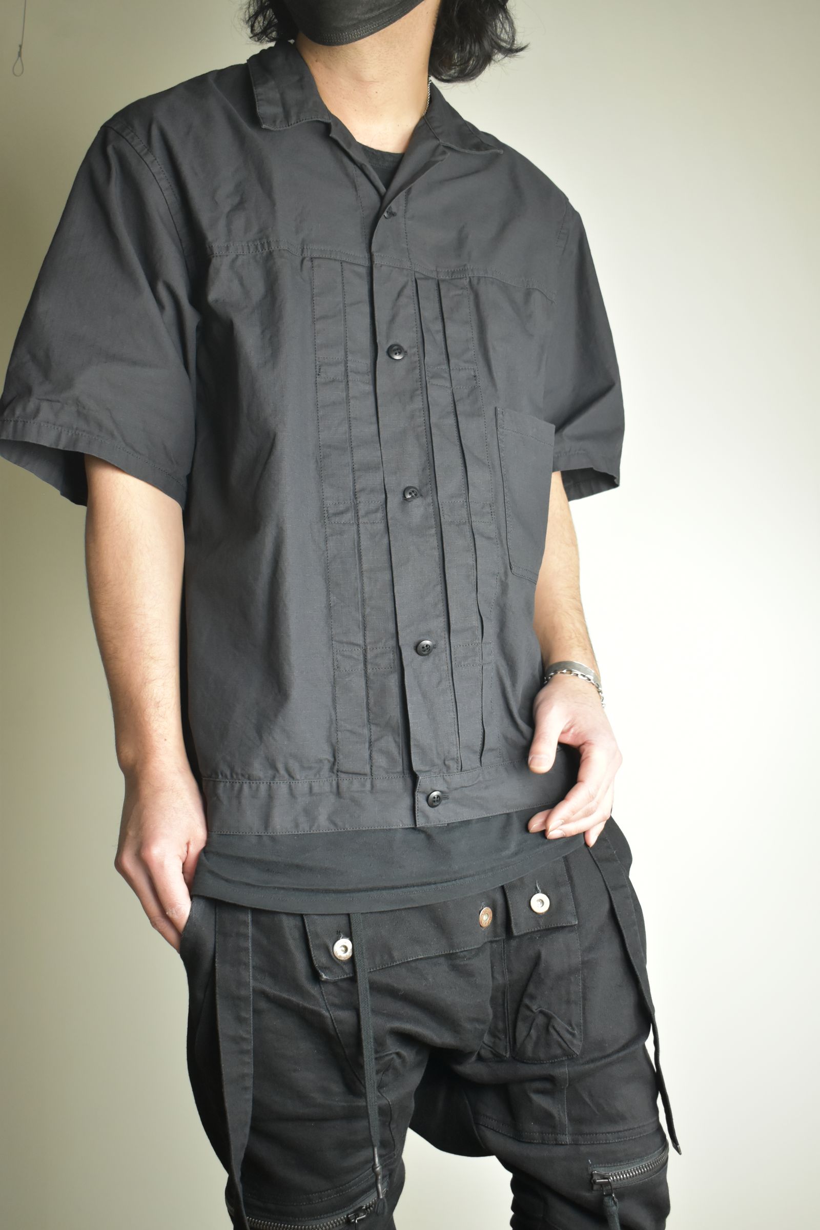 Rip Stop Open Collar Shirt"Black" / リップストップオープンカラーシャツ"Black"