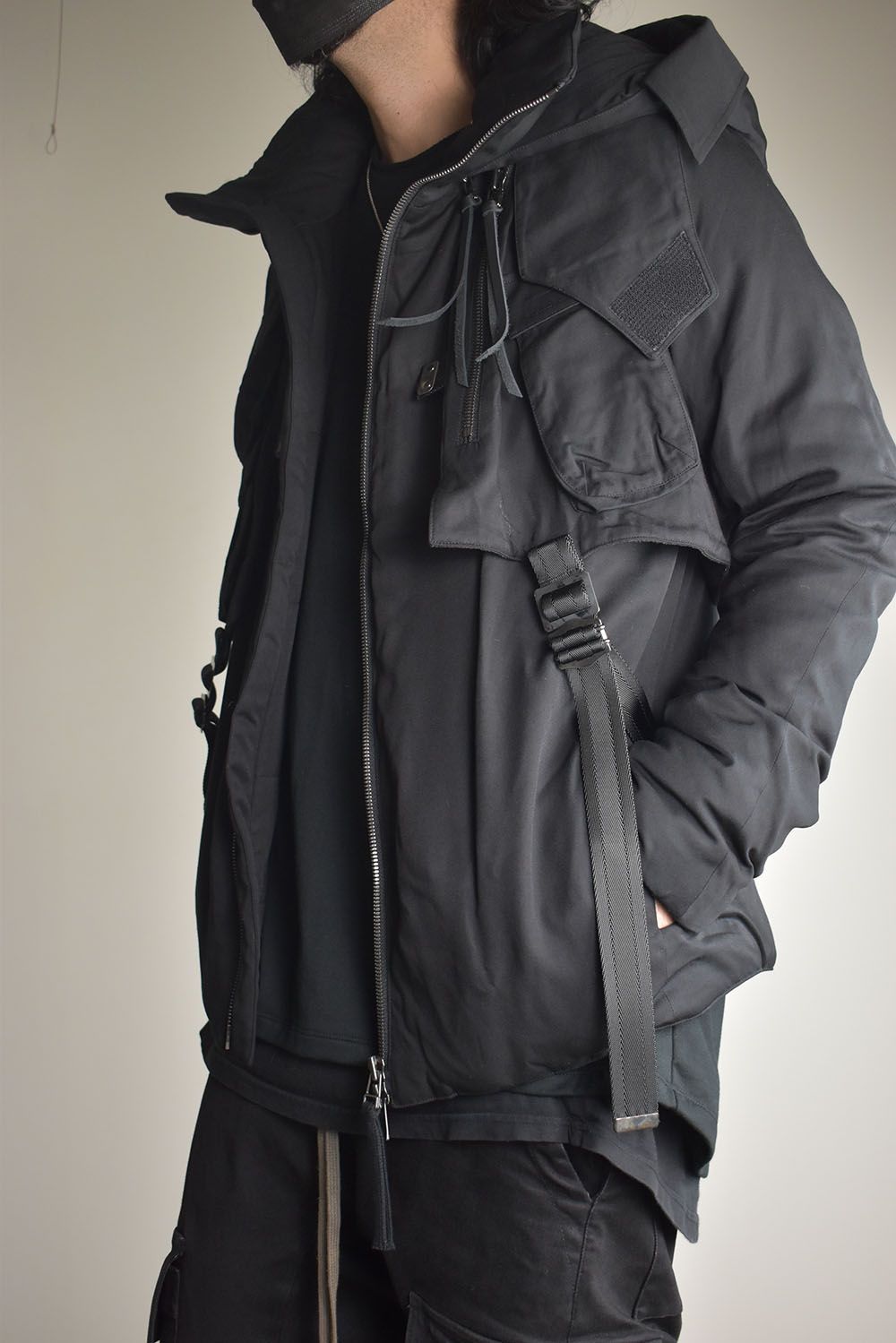 Rayon Twill Vest Hooded Down Jacket "Black" / レーヨンツイルベスト/フードアタッチドダウンジャケット"ブラック"