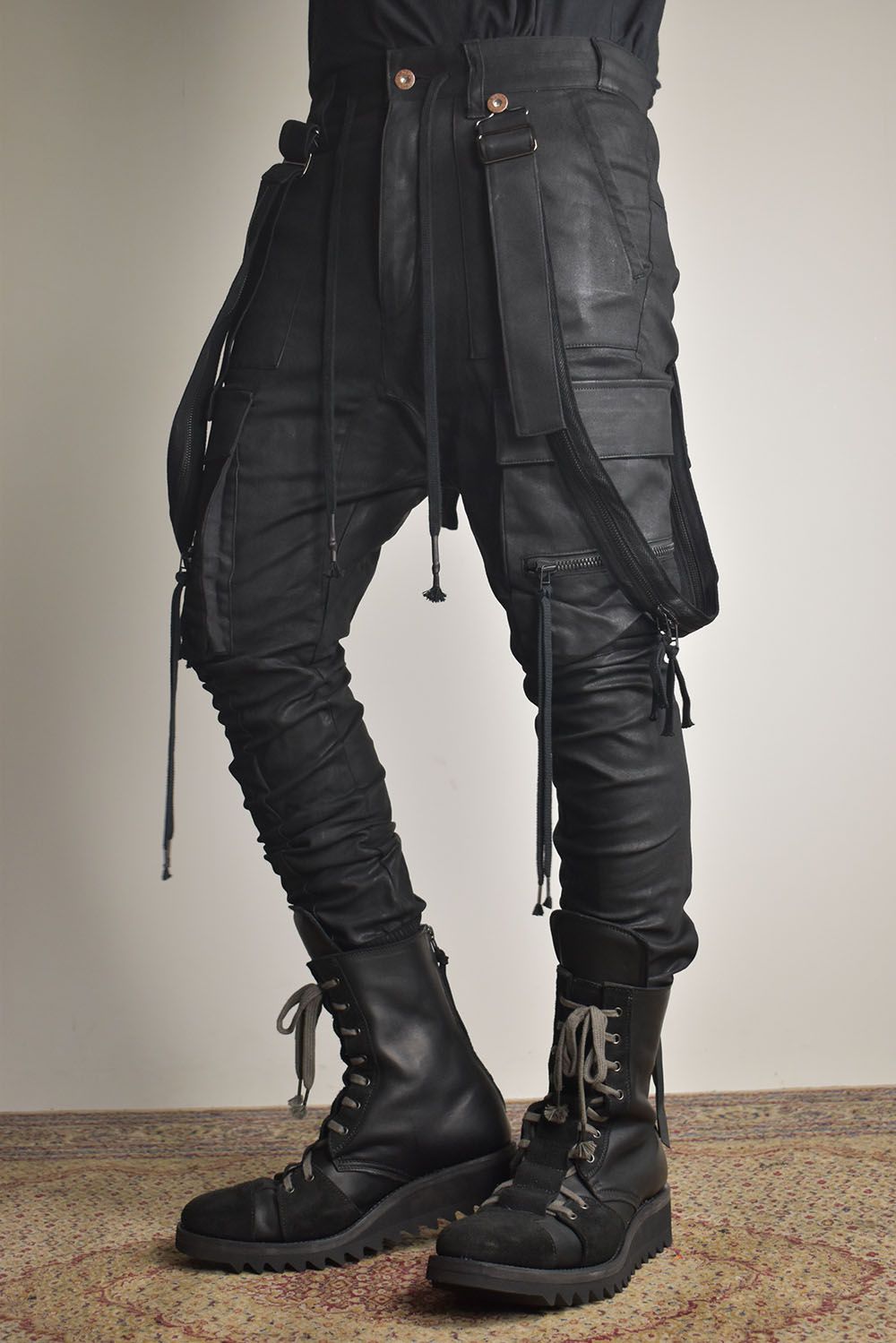 Product Coated Suspenders Cargo Jog Pants "Black" / 製品コーティングサスペンダーベルトカーゴジョグパンツ"ブラック"