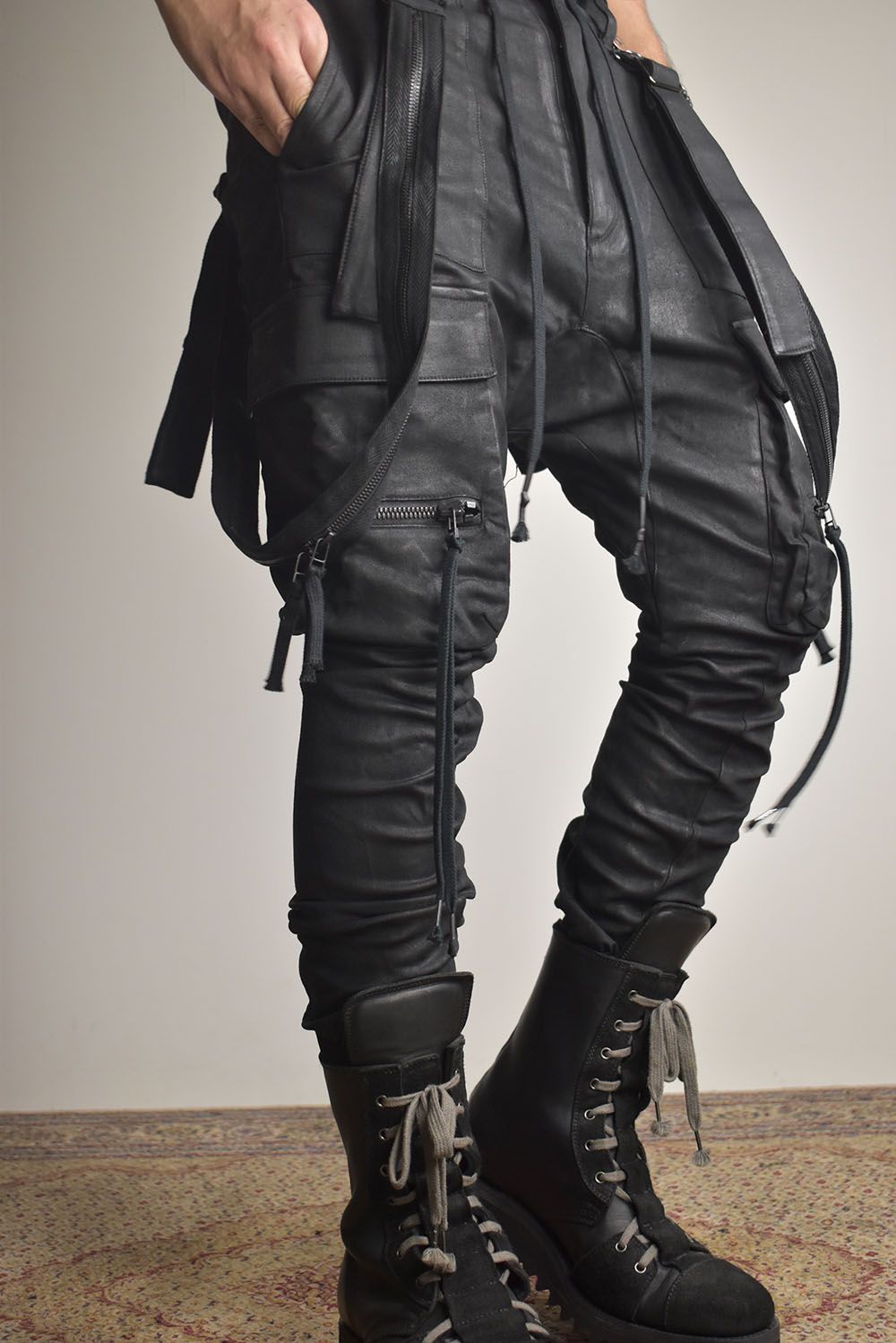 Product Coated Suspenders Cargo Jog Pants "Black" / 製品コーティングサスペンダーベルトカーゴジョグパンツ"ブラック"