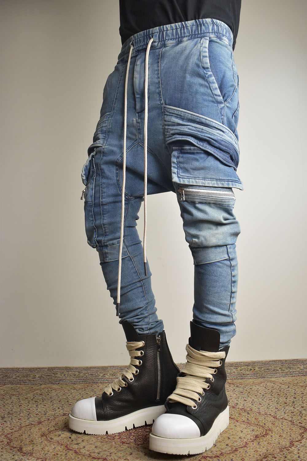 Denim Cargo Sarouel Skinny"Damage Black/Indigo Blue"/デニムカーゴサルエルスキニー"ダメージブラック/インディゴブルー"