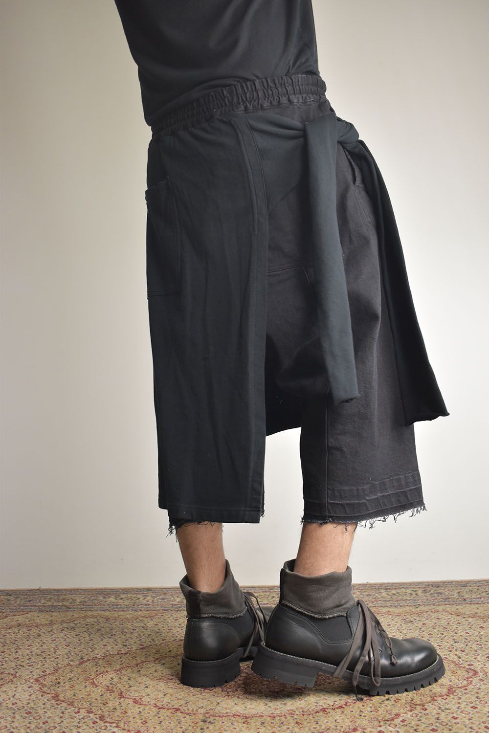 Stretch Denim Distressed Apron Wide Cropped Pants "Black" / ストレッチデニムダメージエプロンワイドクロップドパンツ"ブラック"