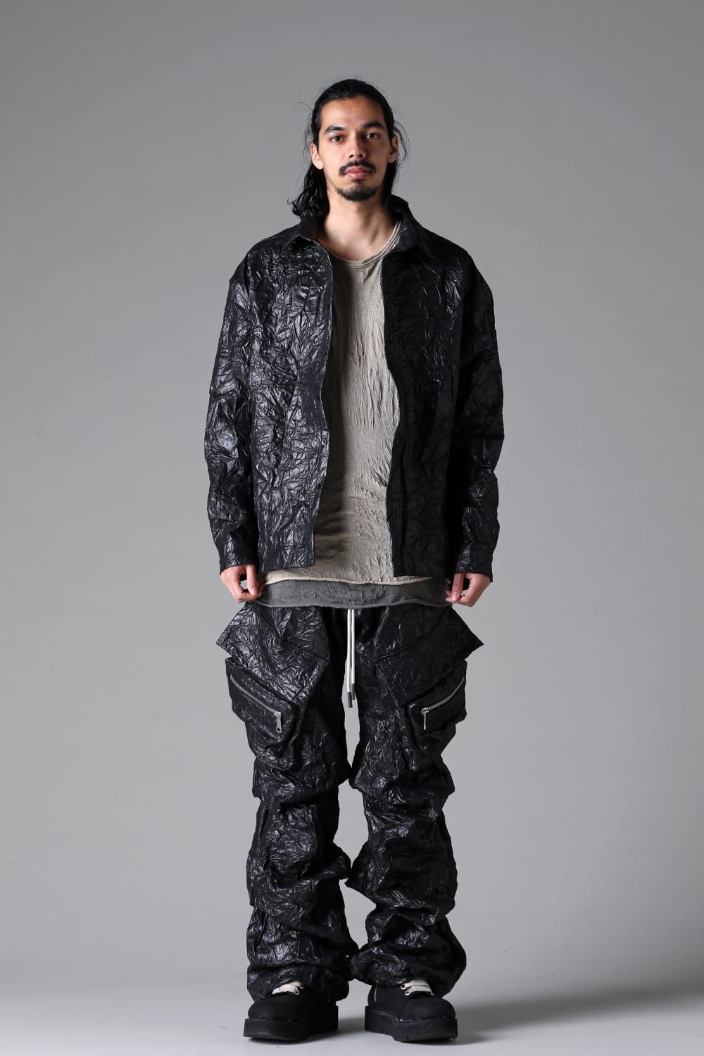 Washer Synthetic Leather Boots Cut Tuck Cargo Pants"Black " / ワッシャーシンセティックレザーブーツカットタックカーゴパンツ"ブラック"