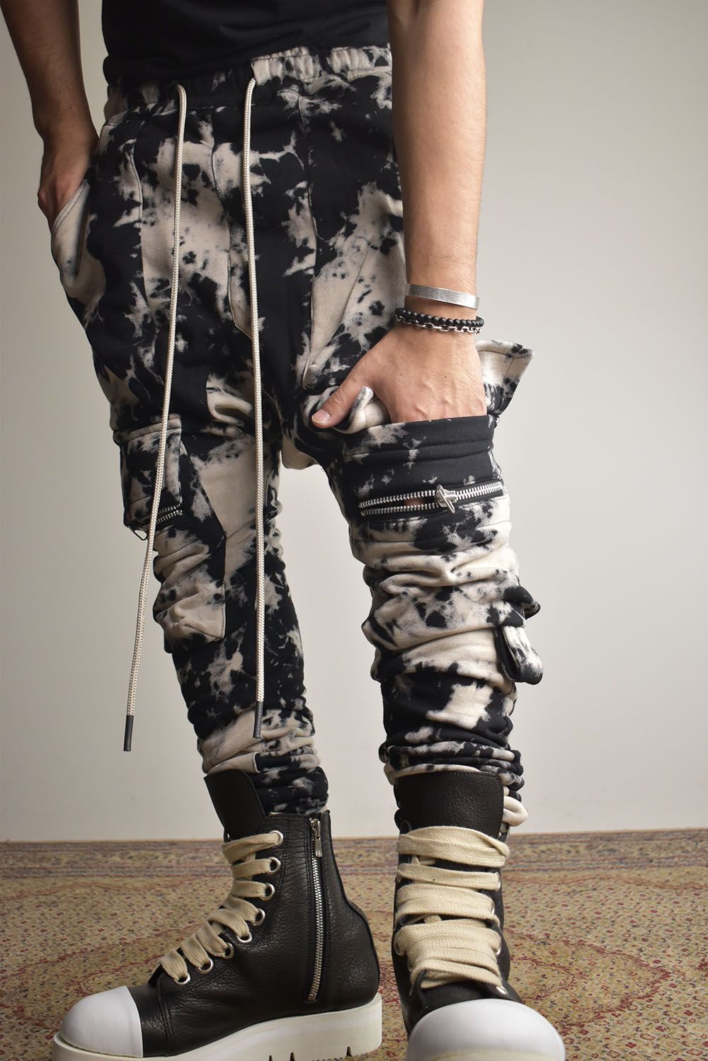 Discharge Pinting Cargo Sarouel Skinny"Black×Ivory" /ディスチャージプリントカーゴサルエルスキニー"ブラック×アイボリー"