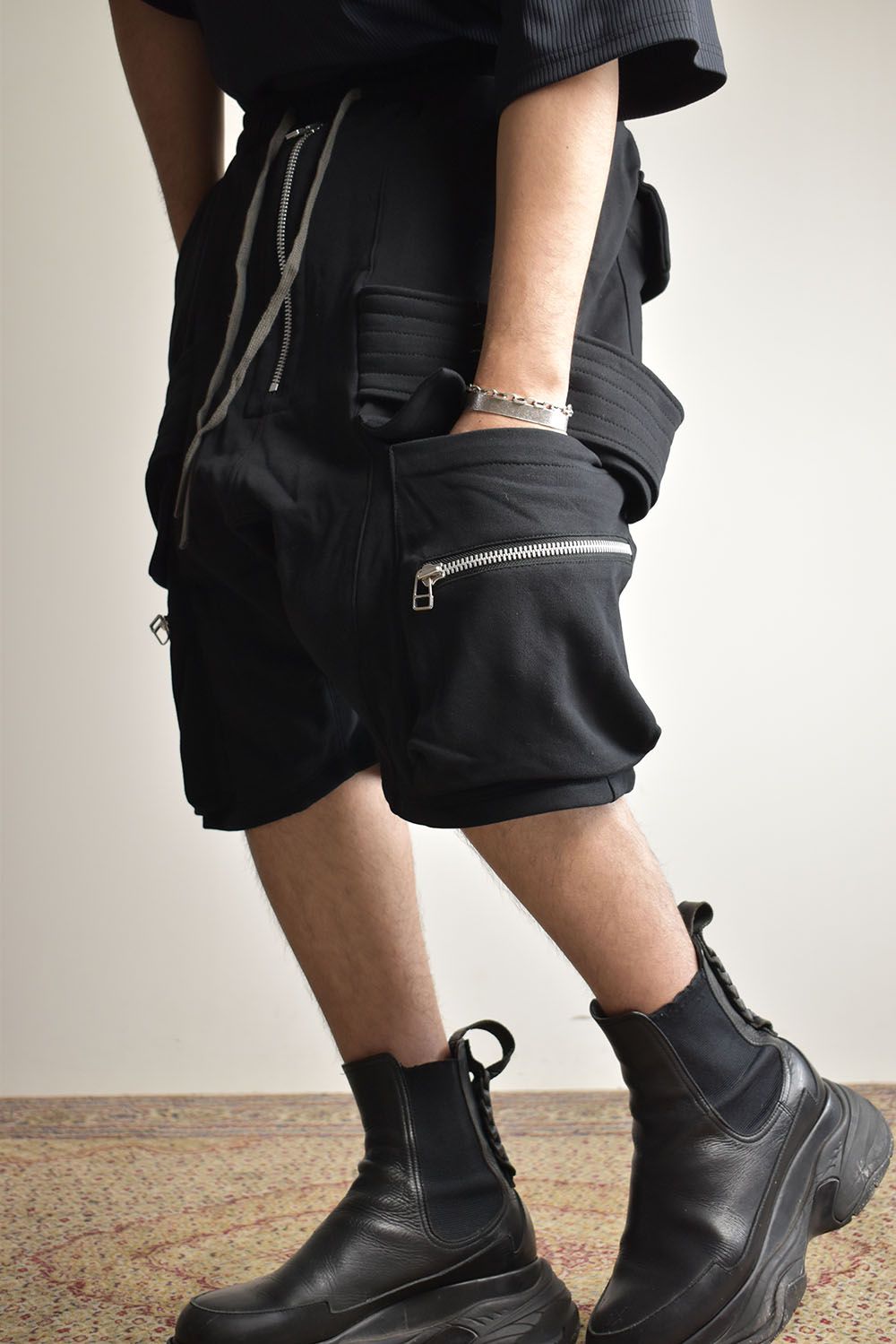 Belt Cargo Sweat Sarouel Shorts"Black" / ベルトカーゴスウェットサルエルショーツ"ブラック"