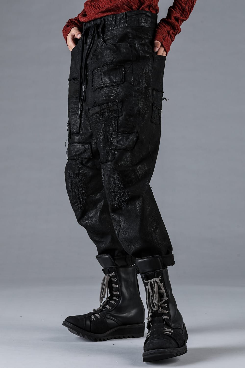 Product Coating Stretch Denim Damage Repair Cropped Pants “Black / 製品コーティングストレッチデニムダメージリペアクロップドパンツ"ブラック"