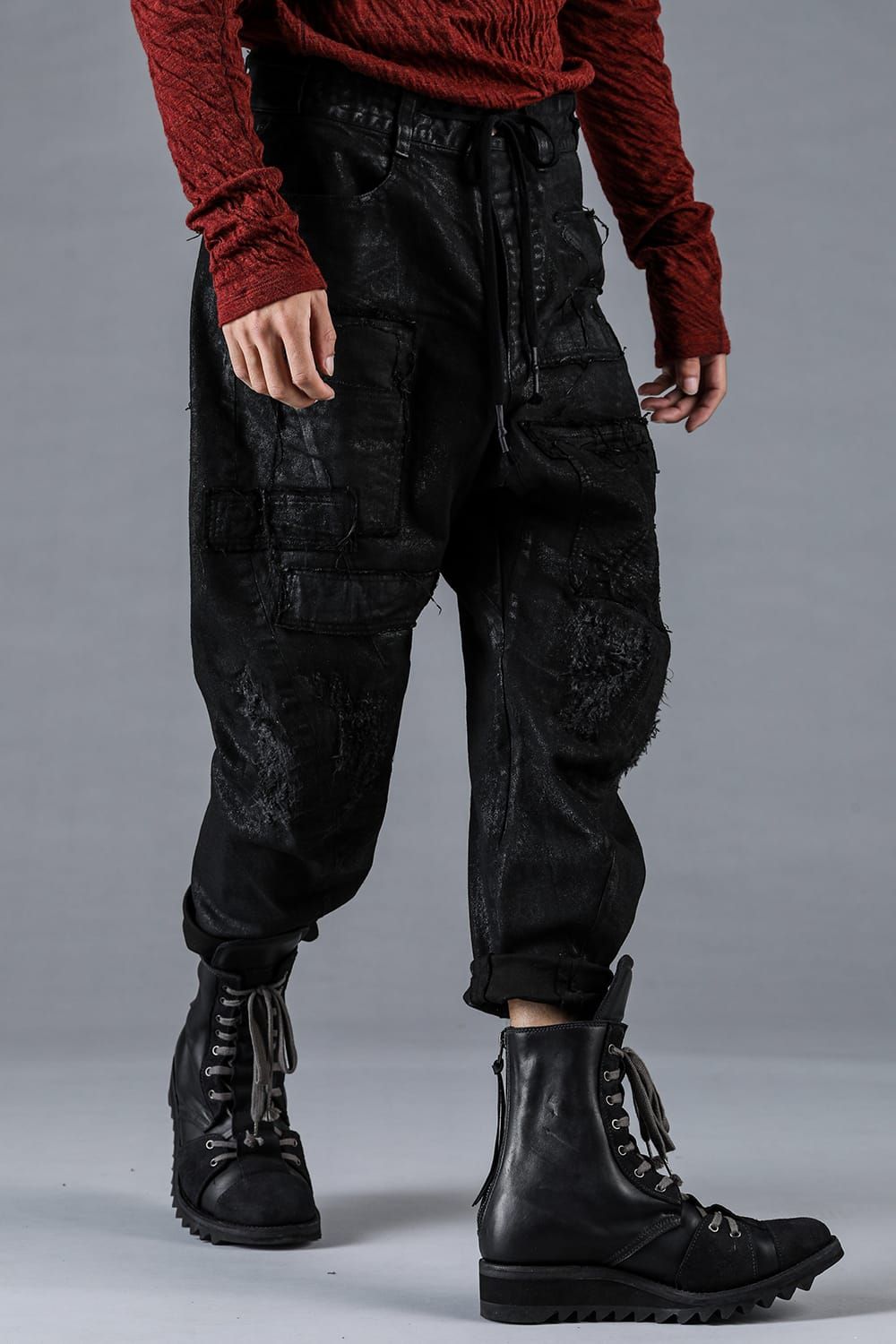 Product Coating Stretch Denim Damage Repair Cropped Pants “Black / 製品コーティングストレッチデニムダメージリペアクロップドパンツ"ブラック"