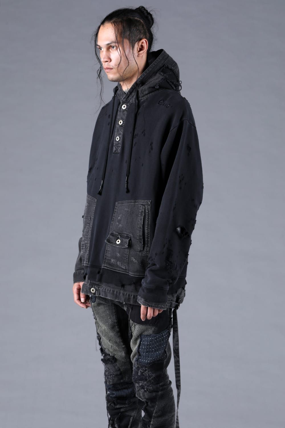 Denim Combination Non-Twisted Yarn Lined Oversized Pullover Hoodie"Black" / デニムコンビネーション無撚糸裏毛オーバーサイズプルオーバーフーディー"ブラック"