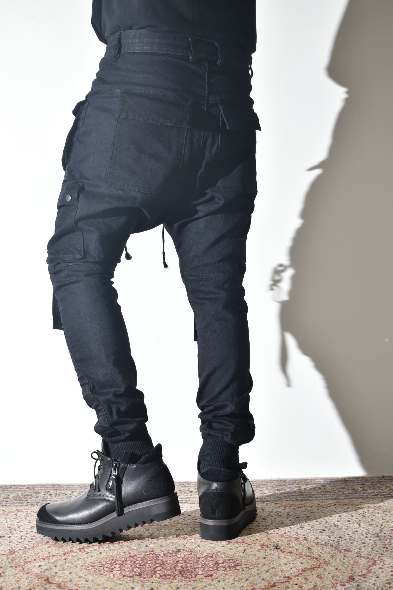 Stretch Denim Belt-Adjustable Cargo Jogger Pants"Black" / ストレッチデニムベルトアジャストカーゴジョグパンツ"ブラック"