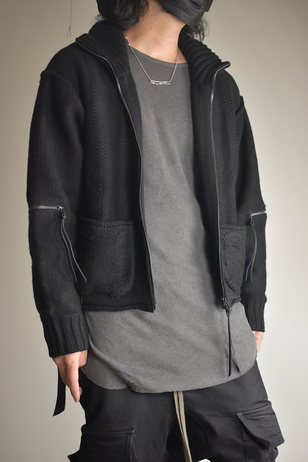 Damage Stripe Knit Cropped Jacket "Black" / ダメージストライプニットクロップドジャケット"ブラック"