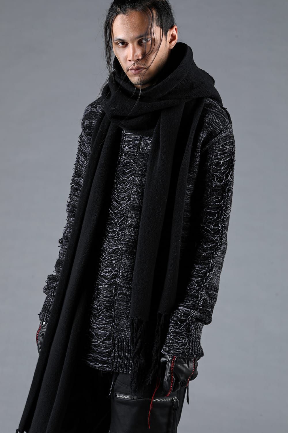 Merino Wool Knit Hooded Long Scarf “Black" / メリノウールニットフードロングマフラー"ブラック"