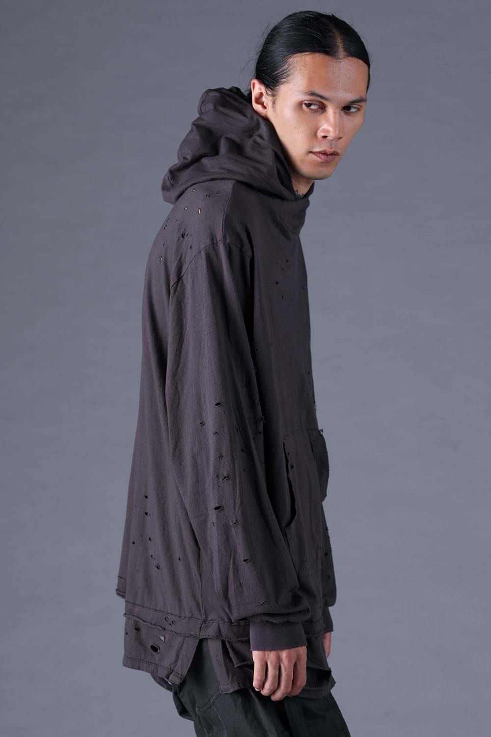 《2027SS先行予約分》Soft Cotton Jersey Shotgun-Damage Hoodie"Charcoal" / ソフトコットンジャージショットガンダメージフーディー"チャコール"