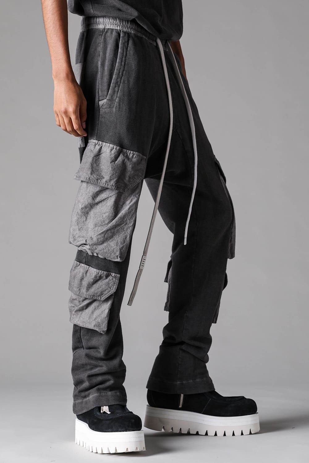 《2027SS先行予約》Sumi Dyed Lightweight French Terry Sarrouel Flare Cargo Pants"L.Grey  / D.Grey" / 墨染ミニ裏毛サルエルフレアカーゴパンツ"ライトグレー / ダークグレー"