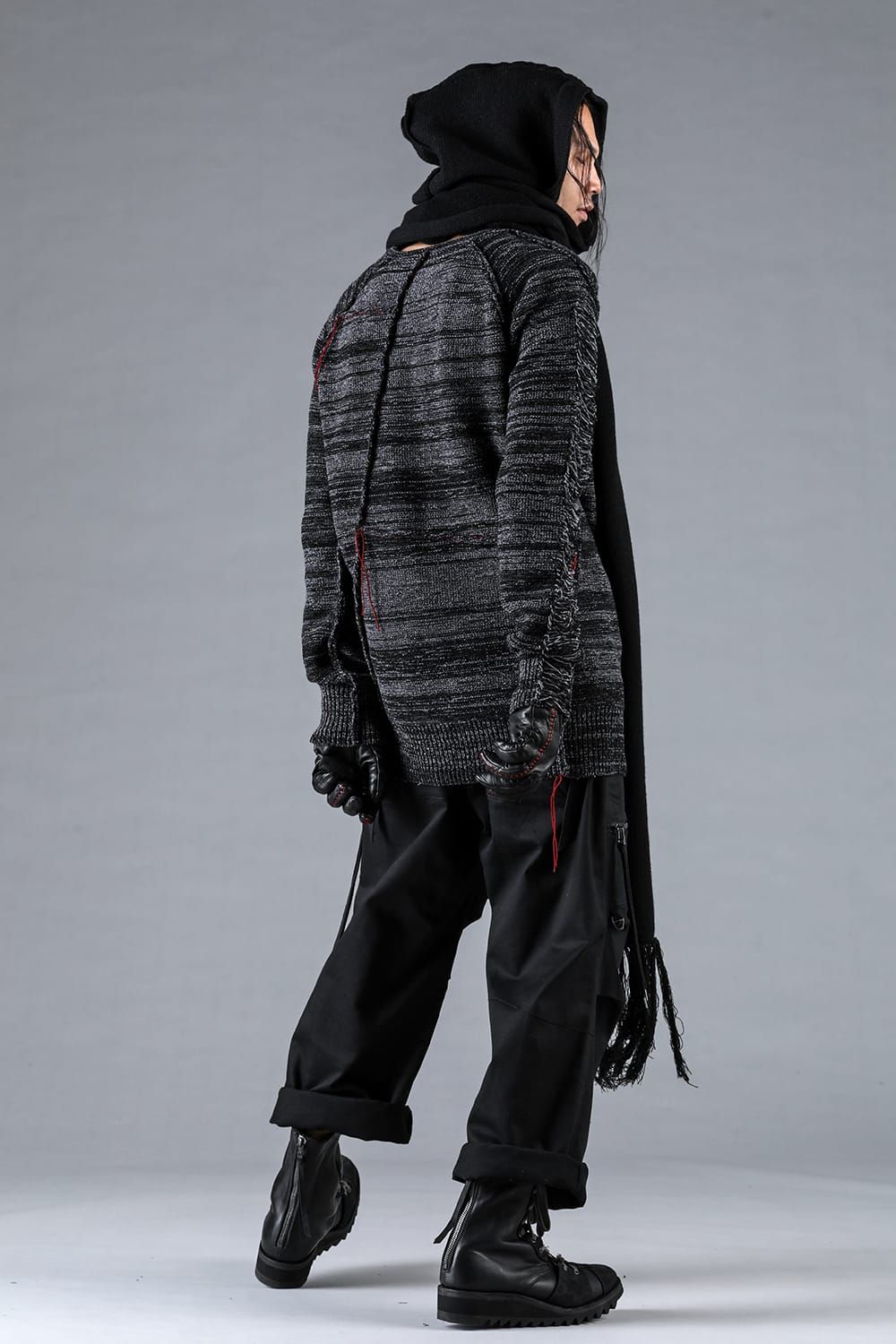 Merino Wool Knit Hooded Long Scarf “Black" / メリノウールニットフードロングマフラー"ブラック"