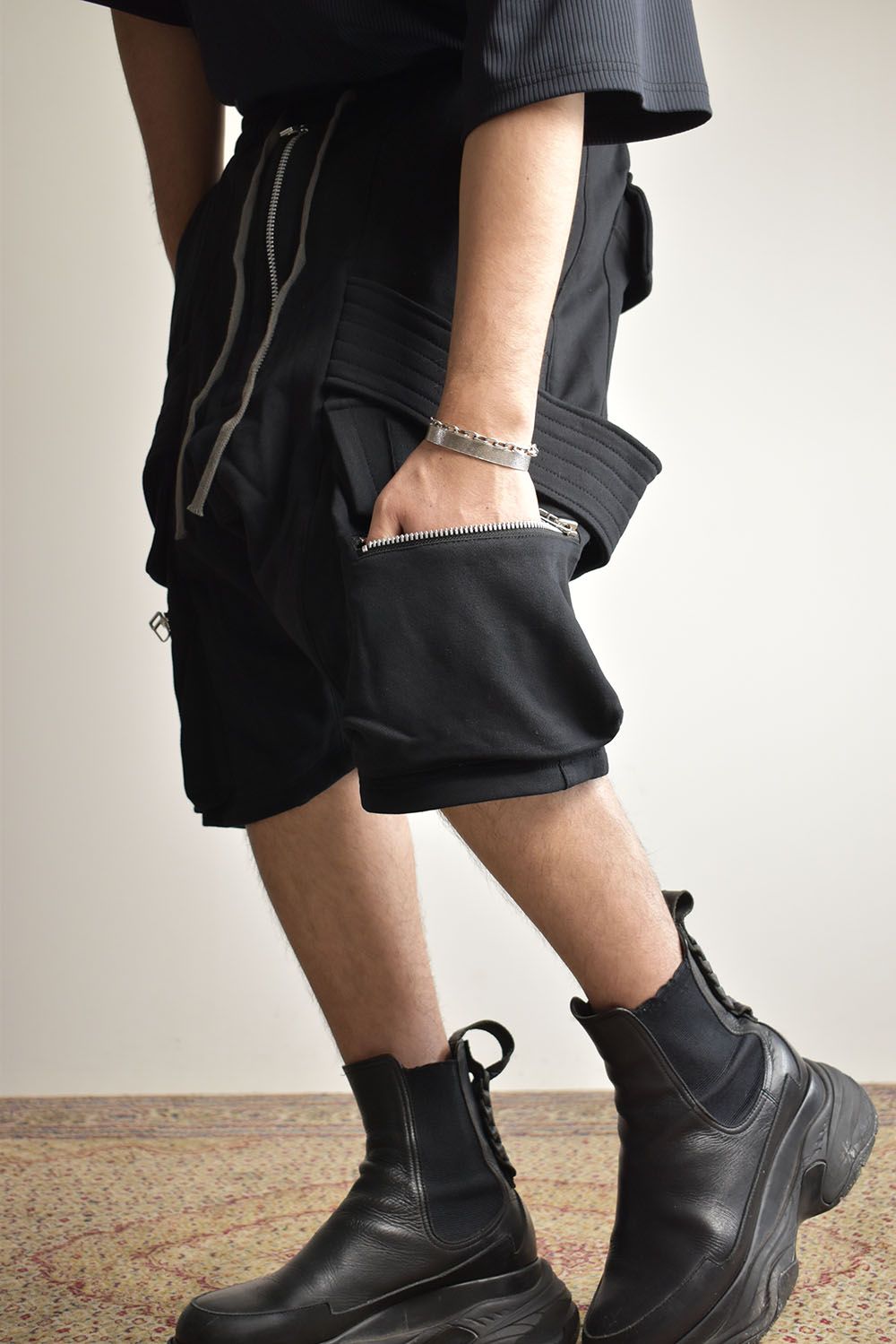 Belt Cargo Sweat Sarouel Shorts"Black" / ベルトカーゴスウェットサルエルショーツ"ブラック"