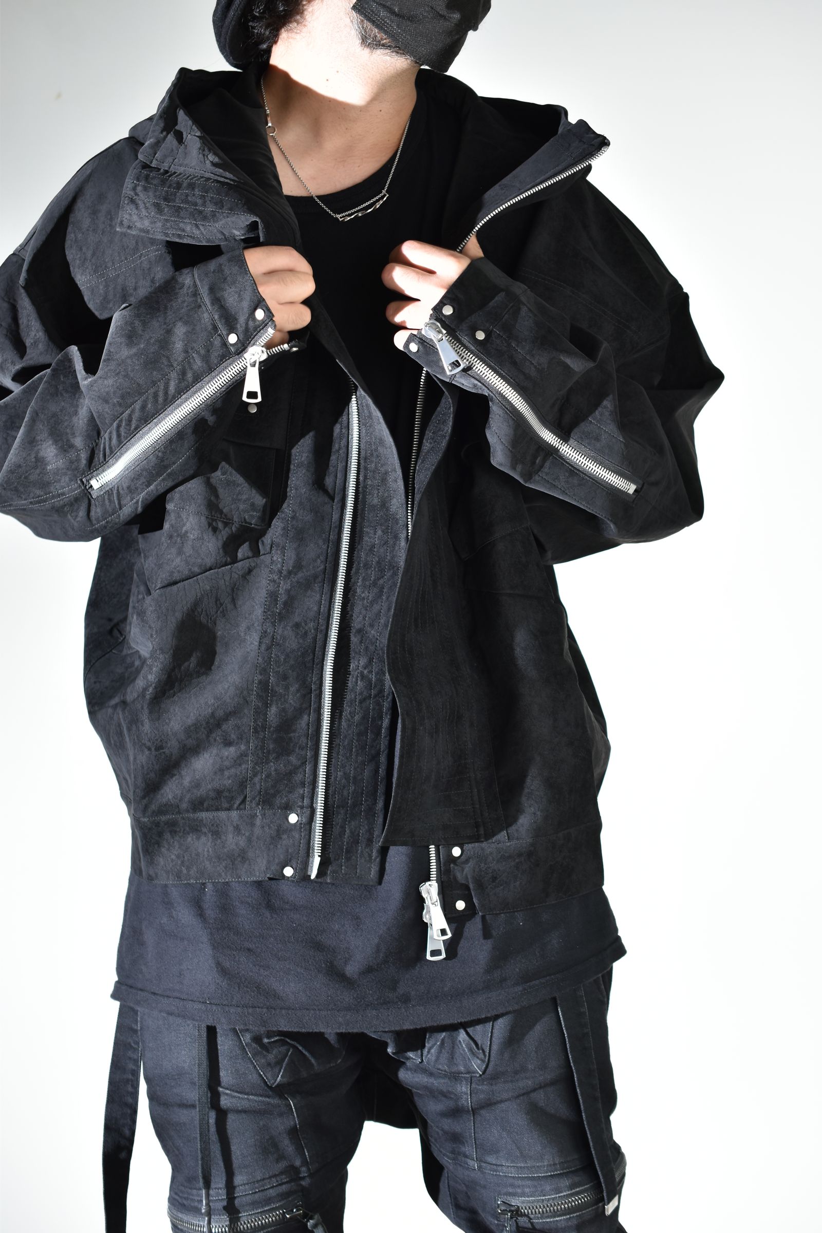 Vegan Suede Leather Hoodie Blouson"Black" / ヴィーガンスウェードレザーフーディブルゾン "ブラック"