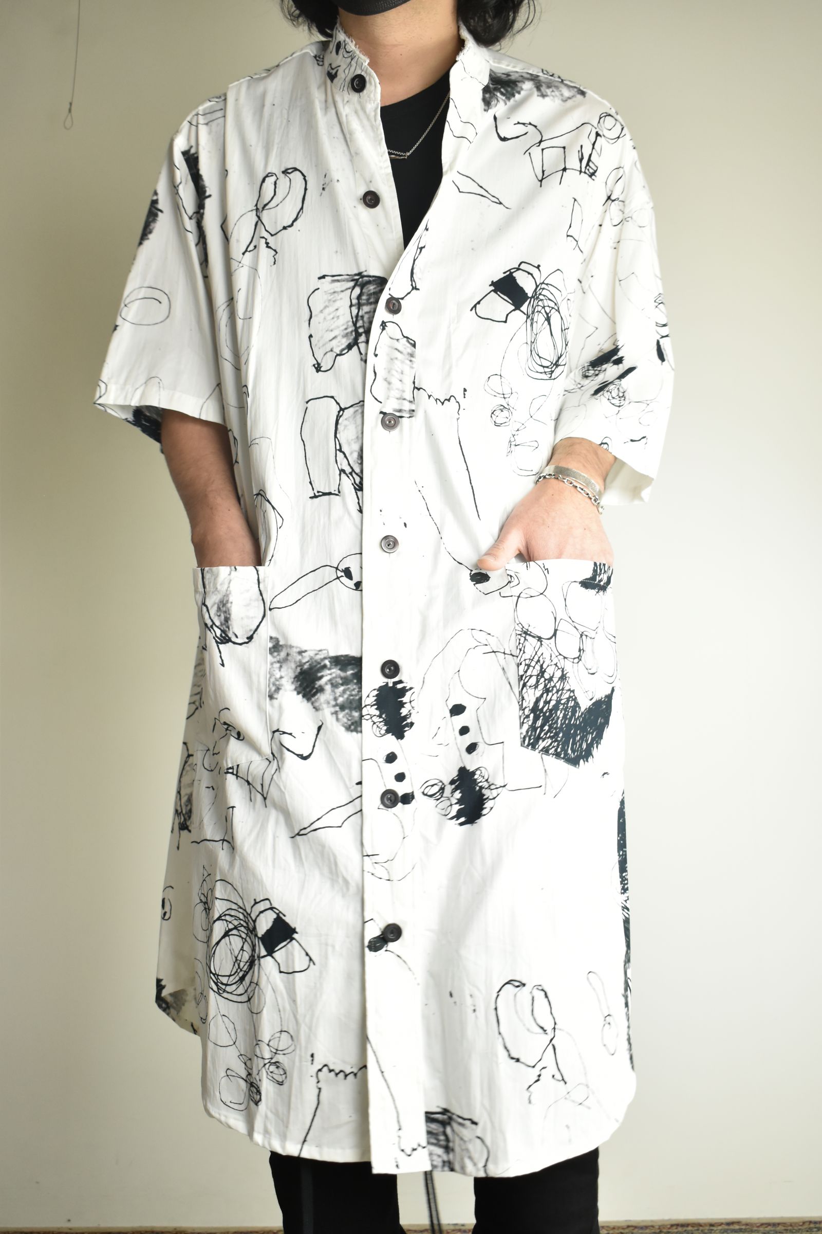 Cotton Twill Ink Jet Short-Sleeved Big Shirt&Dress"White Black" / コットンツイルインクジェット半袖ビッグシャツ / ワンピース"ホワイト ブラック"